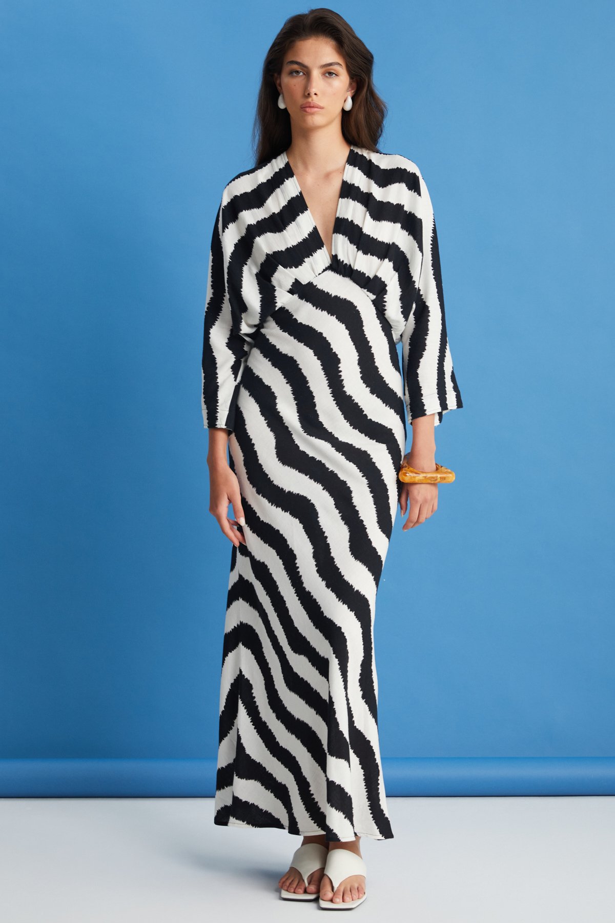Zebra Desenli Keten Elbise