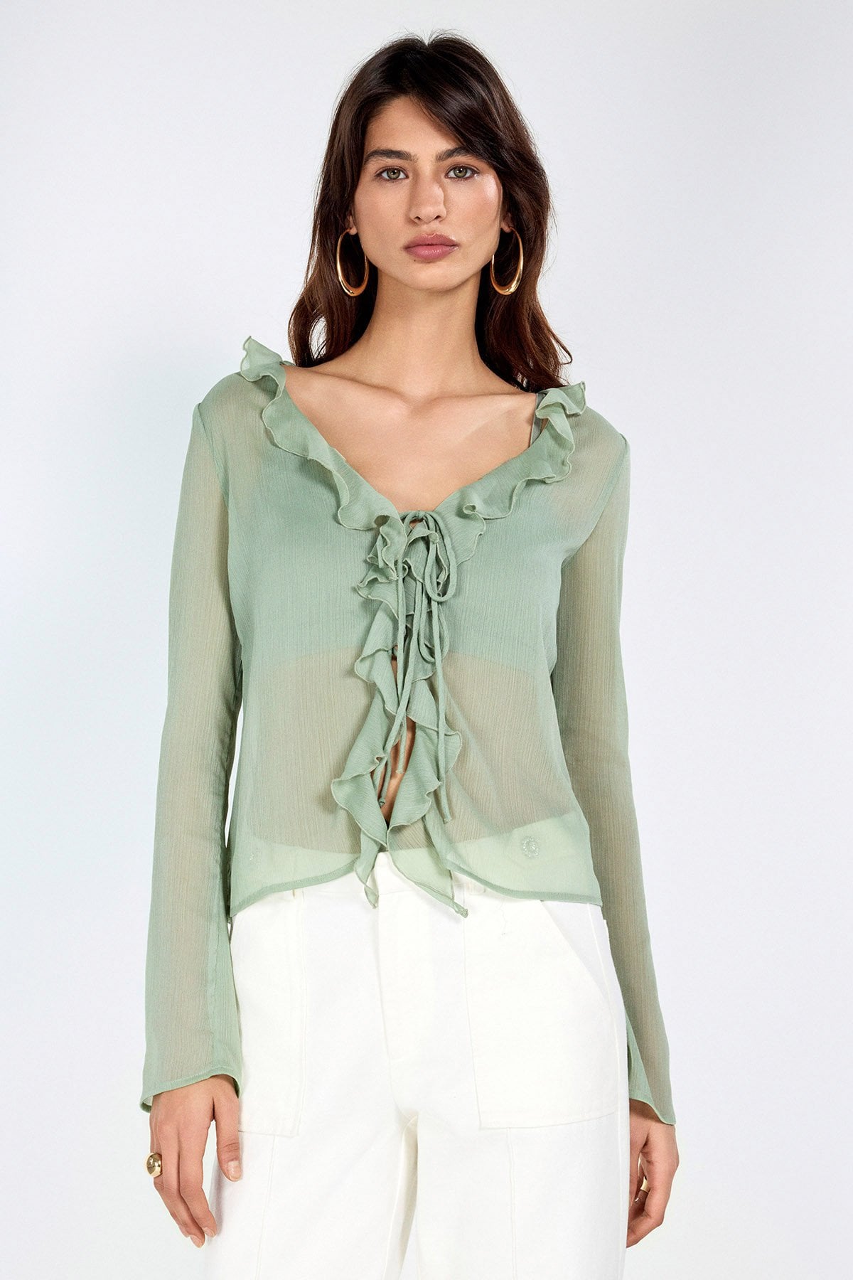 Fırdfır Detaylı Yeşil Sifon Bluz
