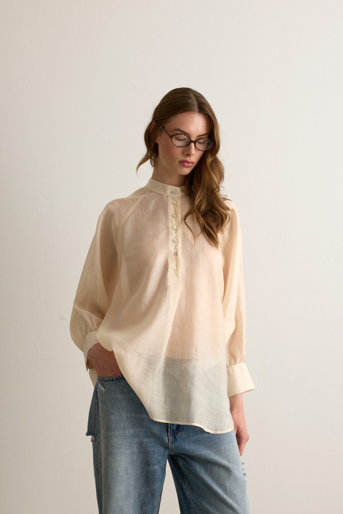 Elena Oversize Düğmeli Transparan Sarı Bluz