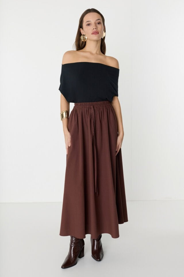 Belden Lastikli Kendinden Pileli Kahverengi Maxi Etek