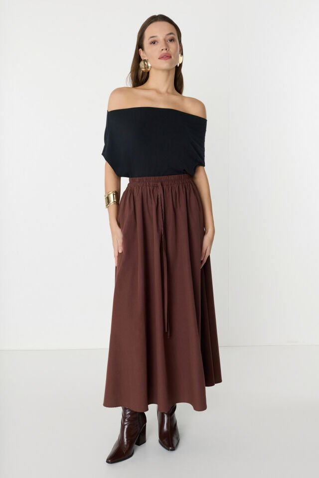 Belden Lastikli Kendinden Pileli Kahverengi Maxi Etek