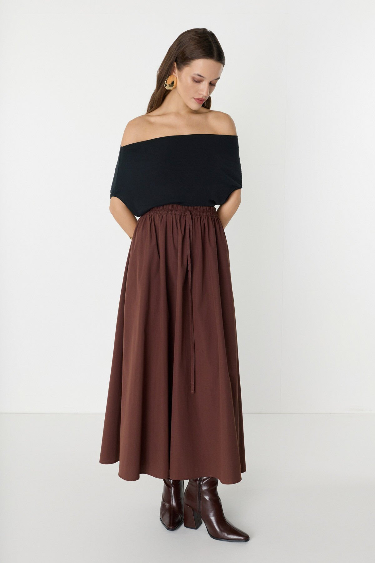 Belden Lastikli Kendinden Pileli Kahverengi Maxi Etek