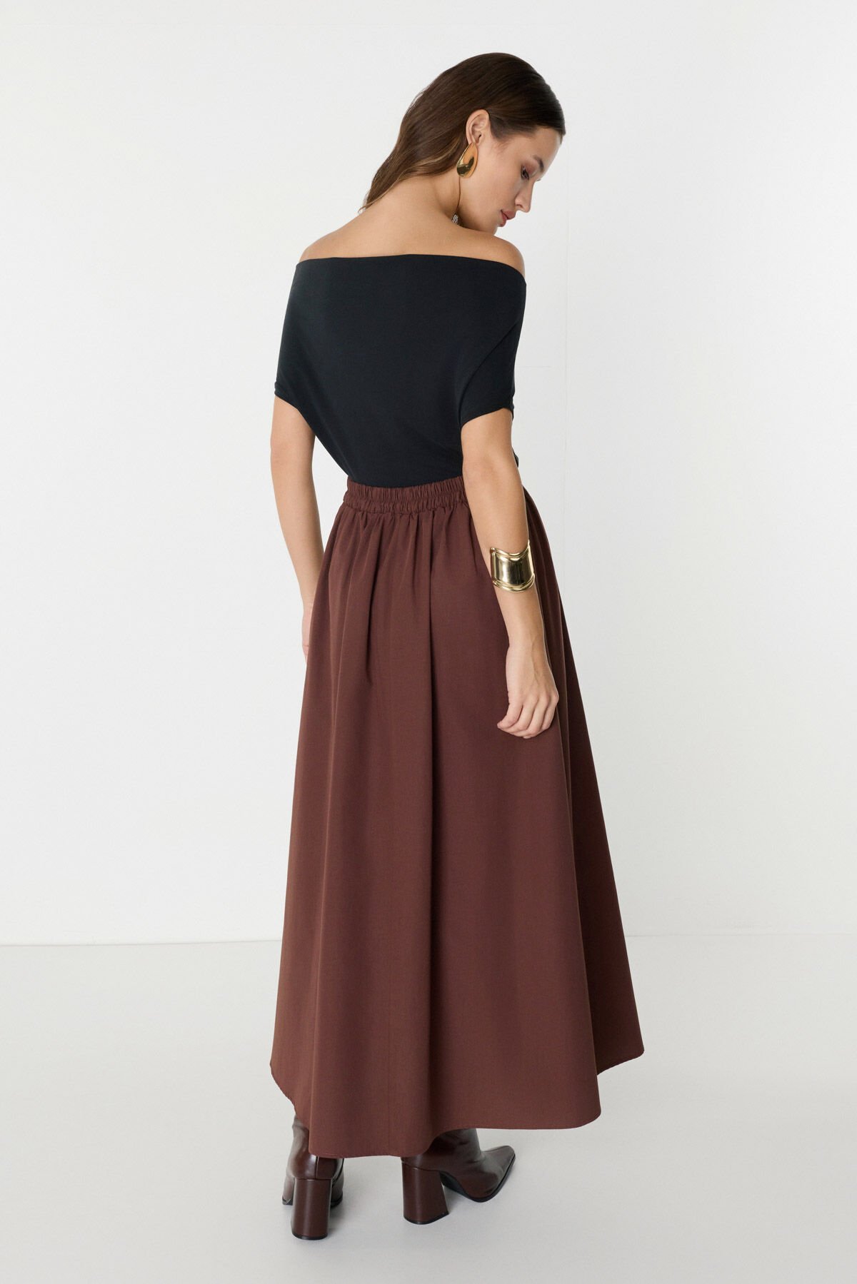 Belden Lastikli Kendinden Pileli Kahverengi Maxi Etek