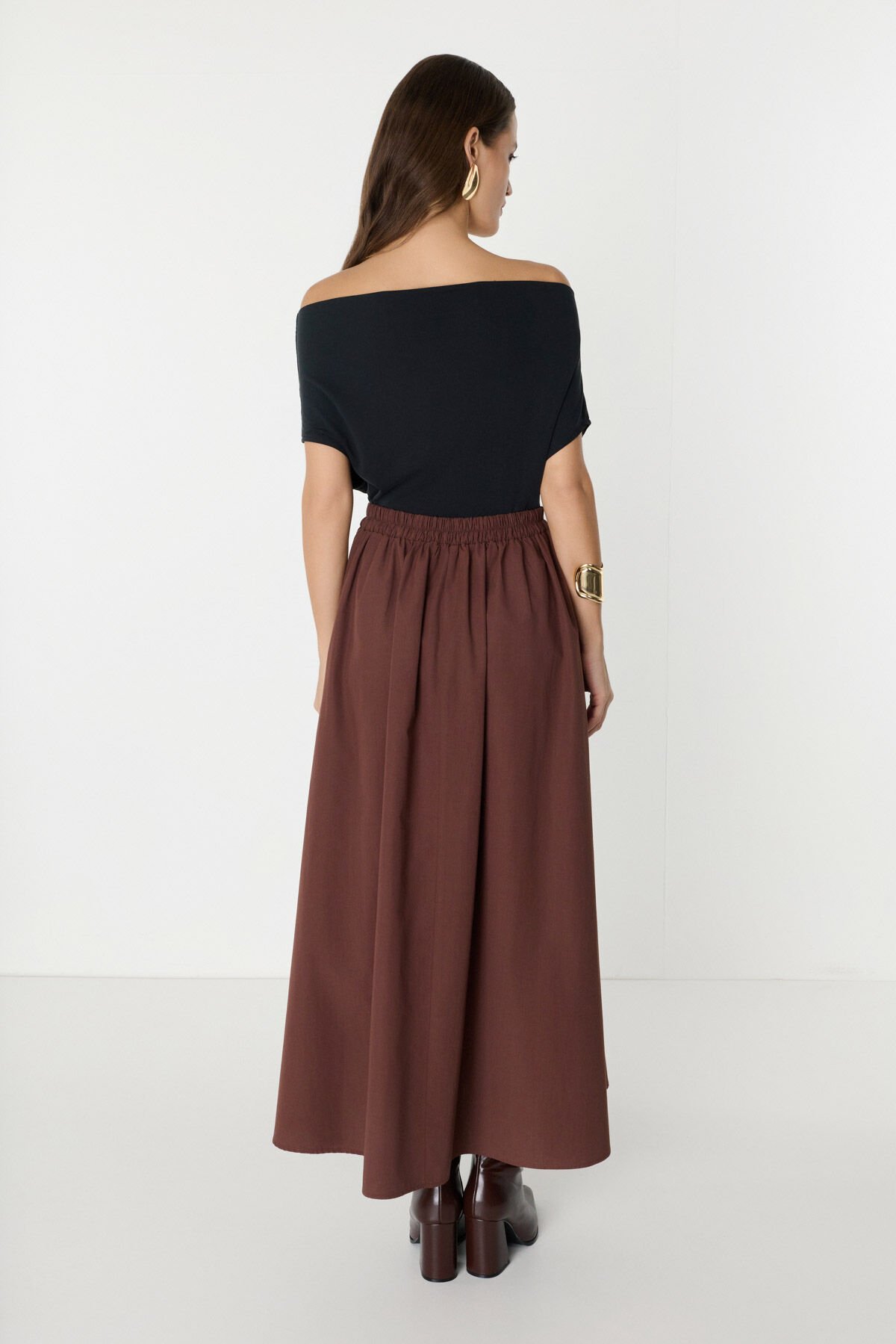 Belden Lastikli Kendinden Pileli Kahverengi Maxi Etek