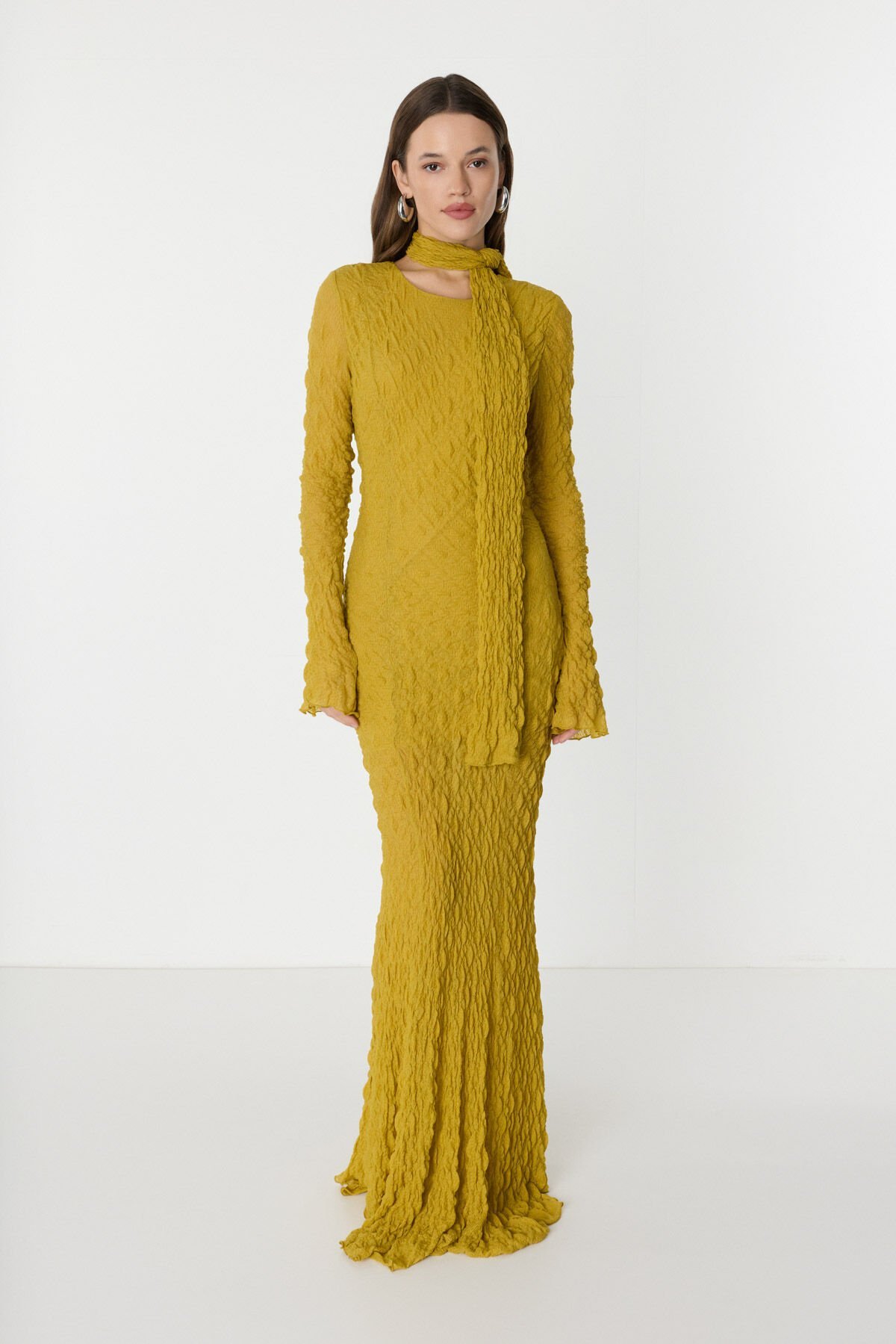 Bürümcüklü Sarı Uzun Elbise