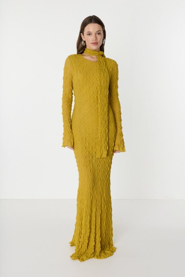 Bürümcüklü Sarı Uzun Elbise