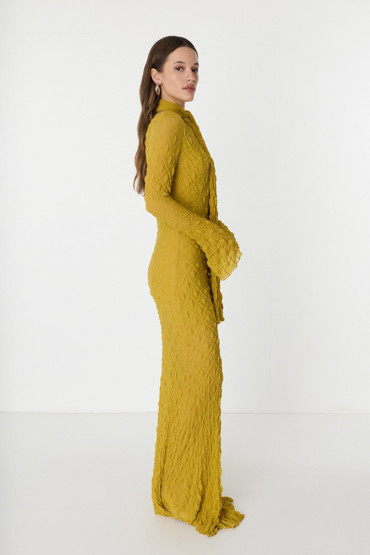 Bürümcüklü Sarı Uzun Elbise