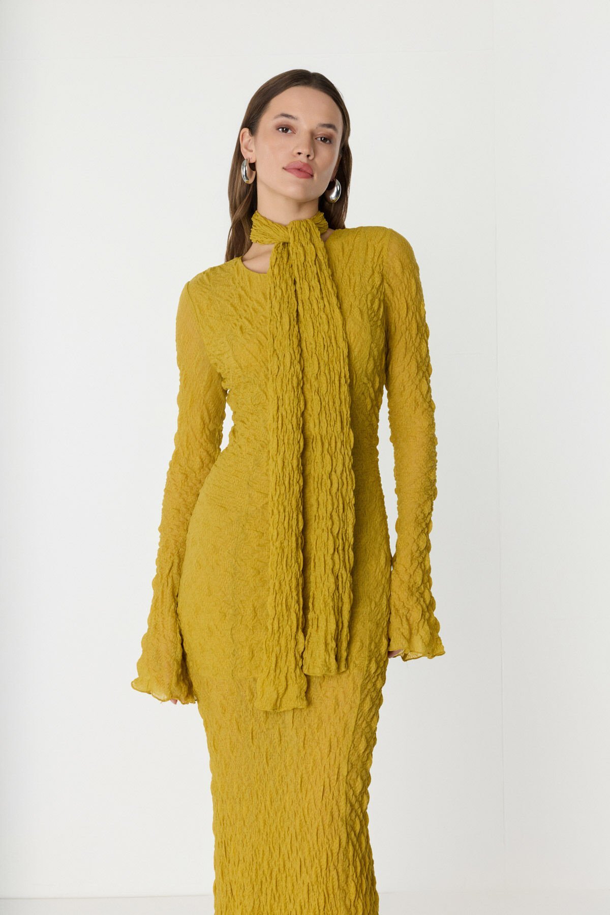 Bürümcüklü Sarı Uzun Elbise