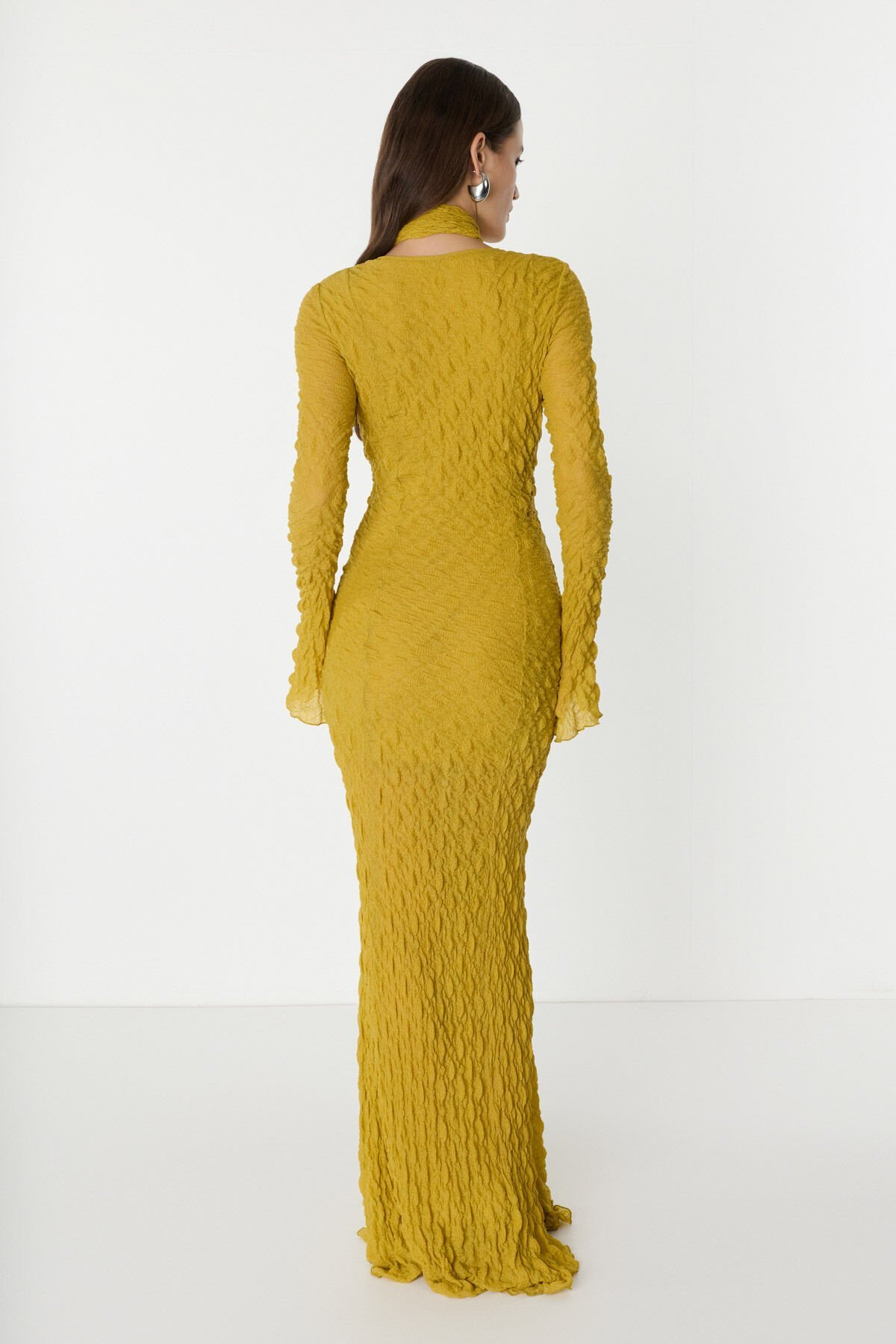 Bürümcüklü Sarı Uzun Elbise