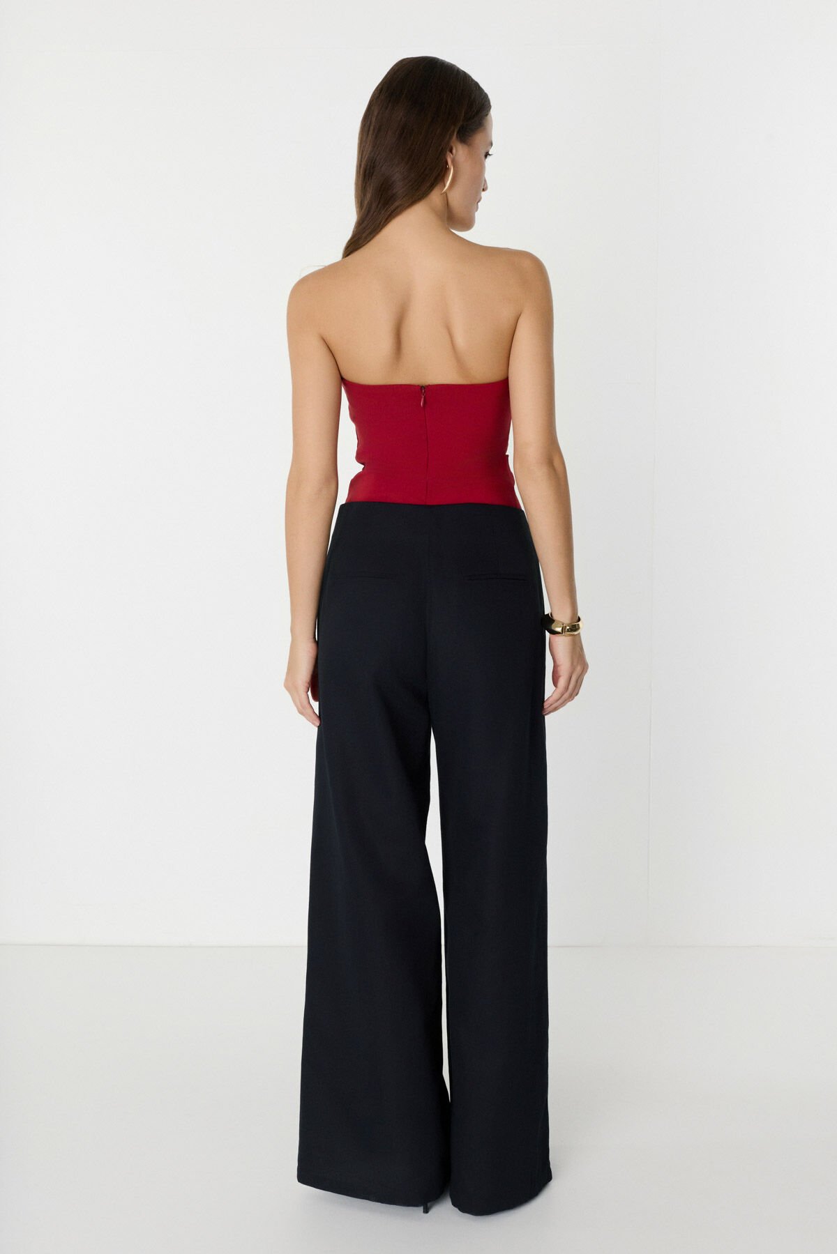 Düğme Detaylı Geniş Paça Siyah Pantolon