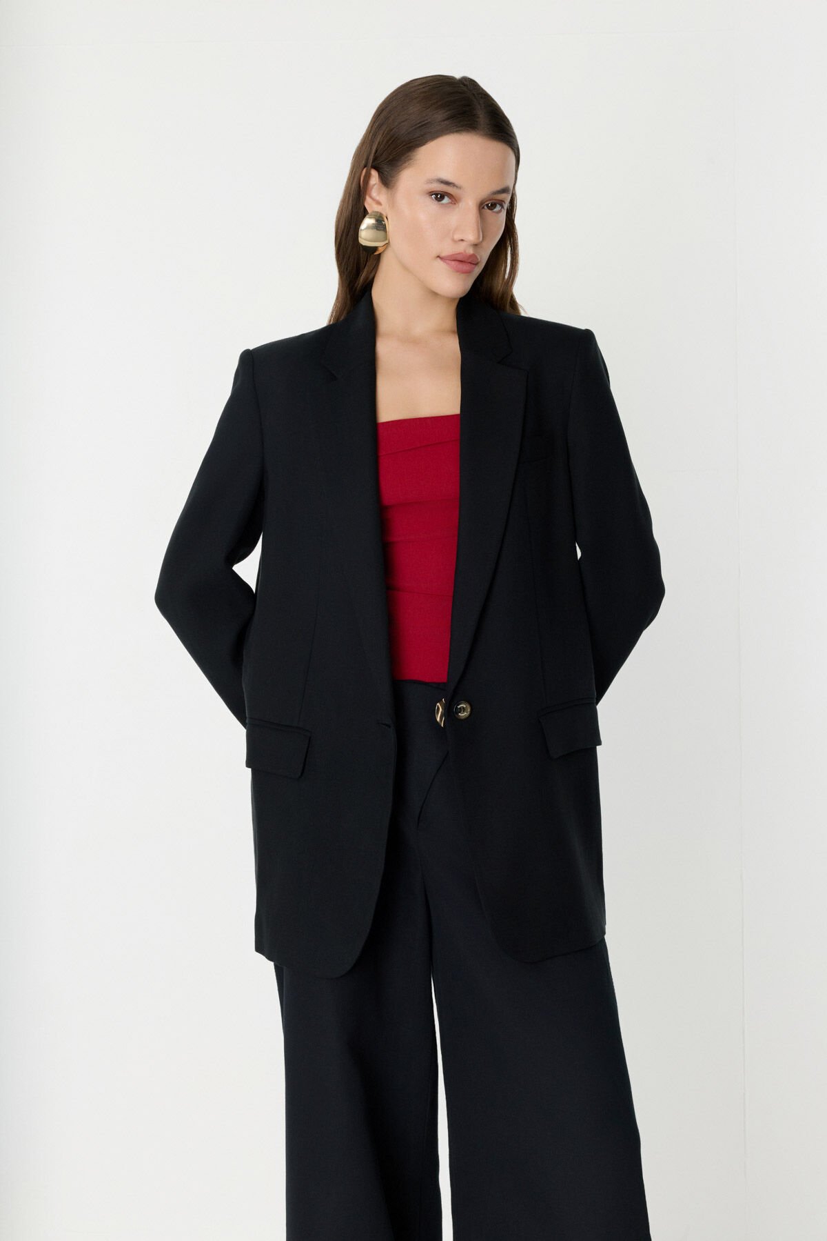 Düğme Detaylı Geniş Paça Siyah Pantolon