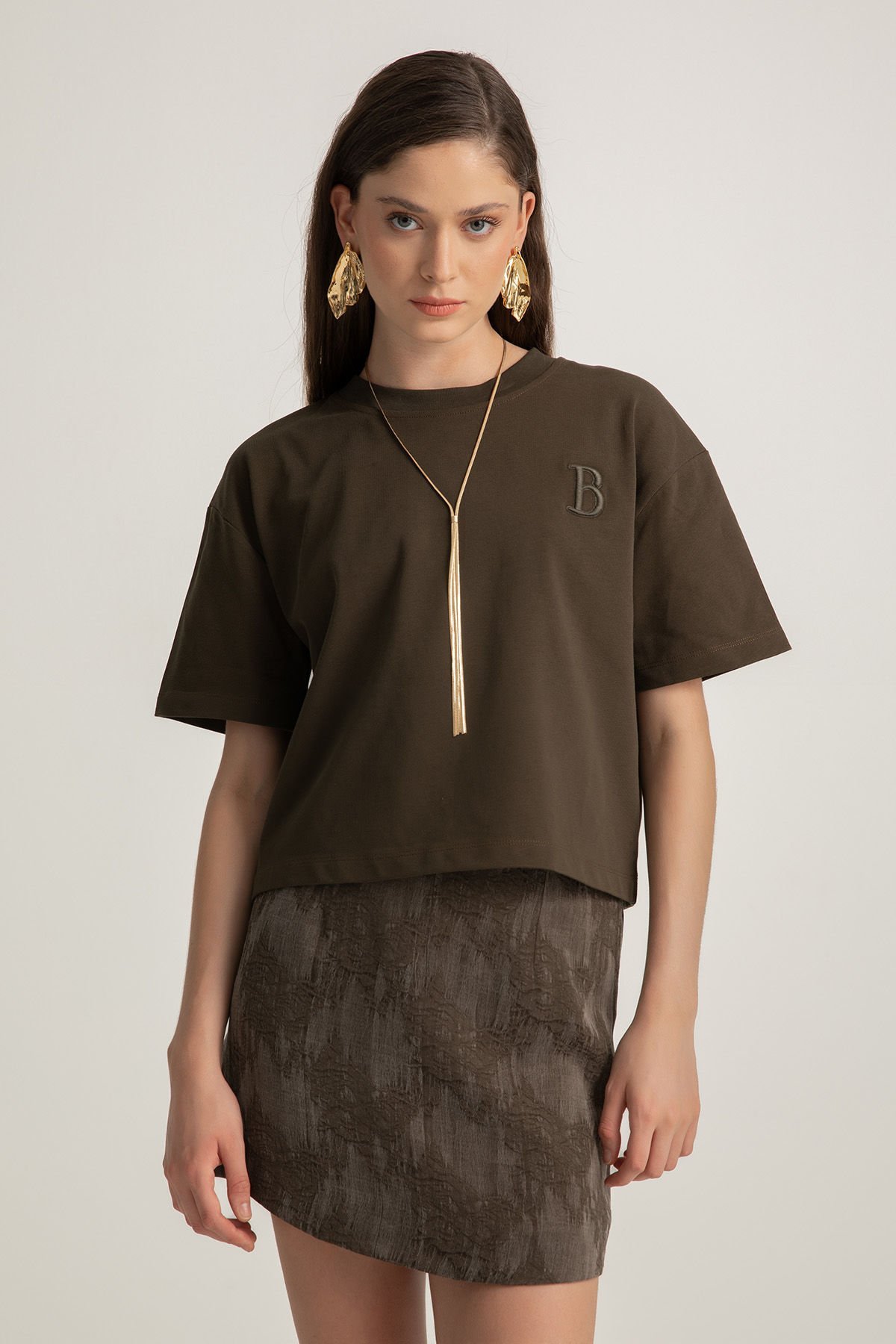 Desenli Haki Mini Etek