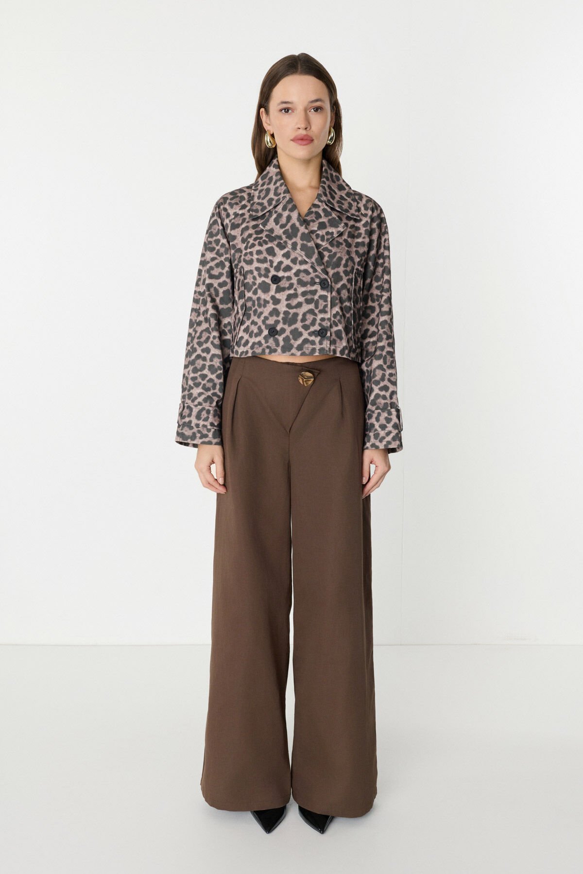 Düğme Detaylı Geniş Paça Kahverengi Pantolon