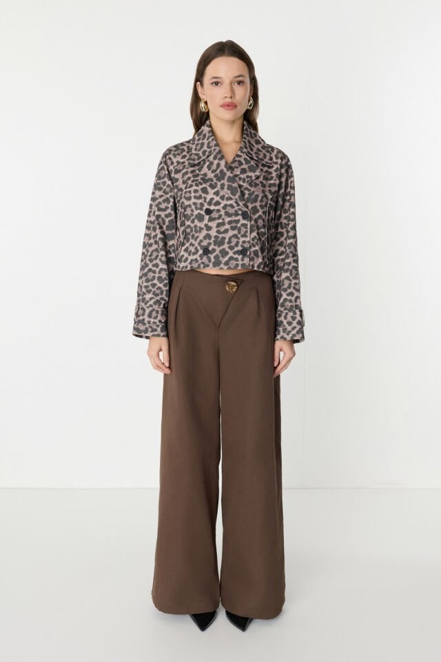 Düğme Detaylı Geniş Paça Kahverengi Pantolon