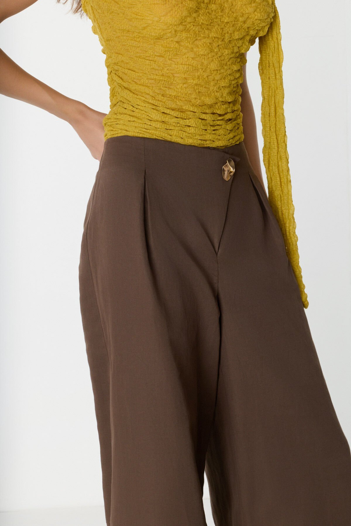 Düğme Detaylı Geniş Paça Kahverengi Pantolon