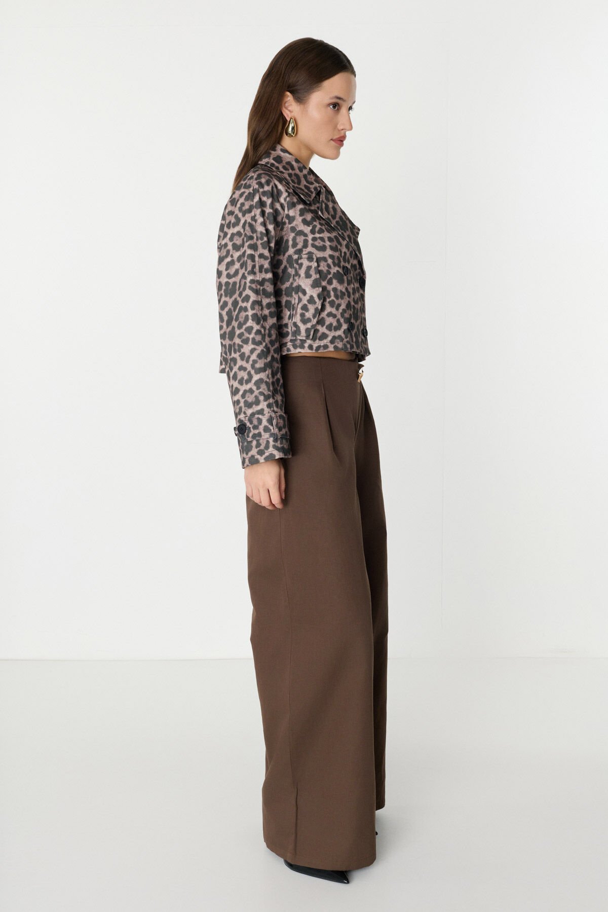 Düğme Detaylı Geniş Paça Kahverengi Pantolon