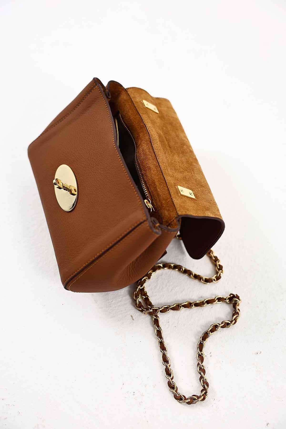 Zincir Askı Detaylı Günlük Kullanım Taba Deri Çanta