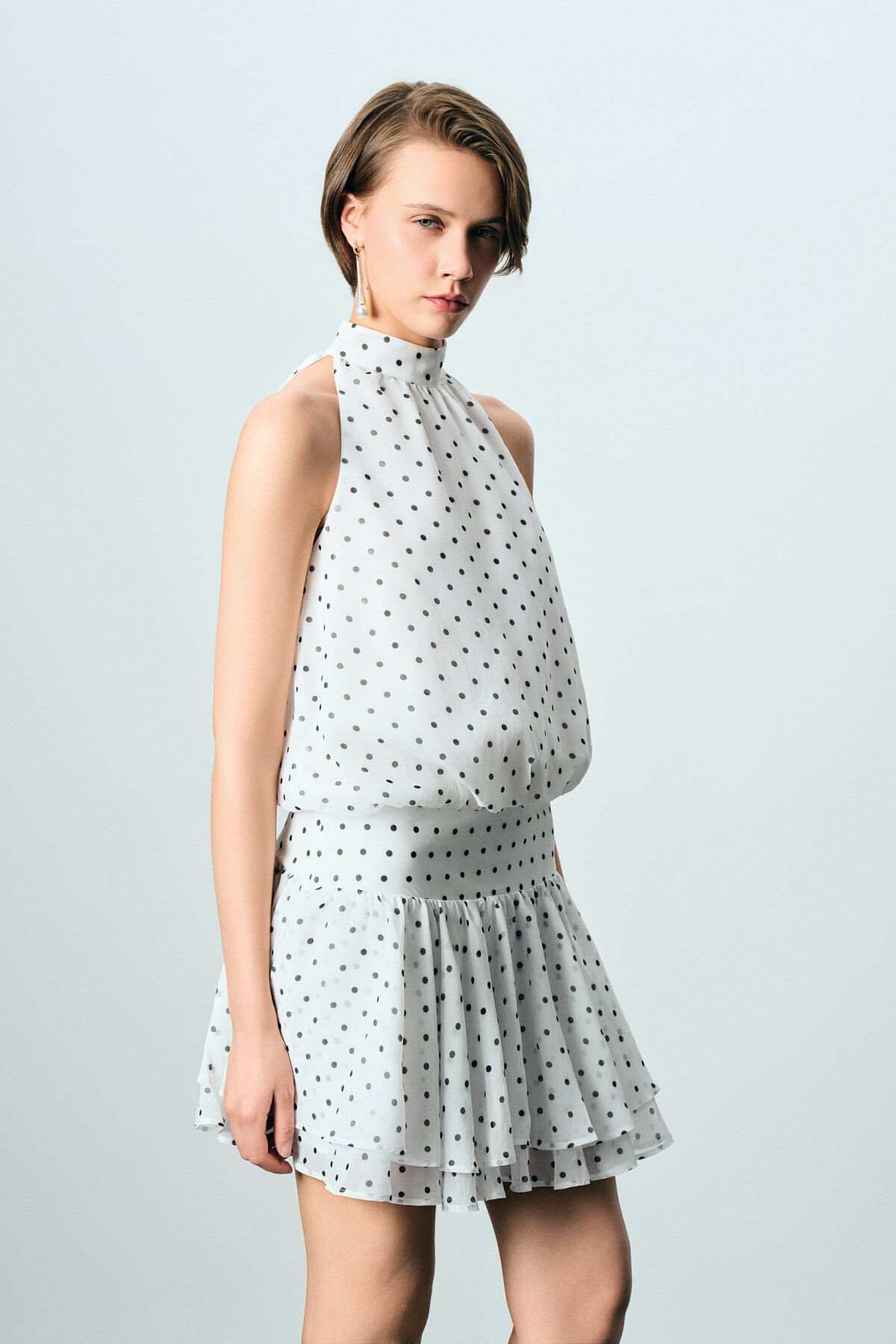 Puantiyeli Halter Yaka Mini Elbise