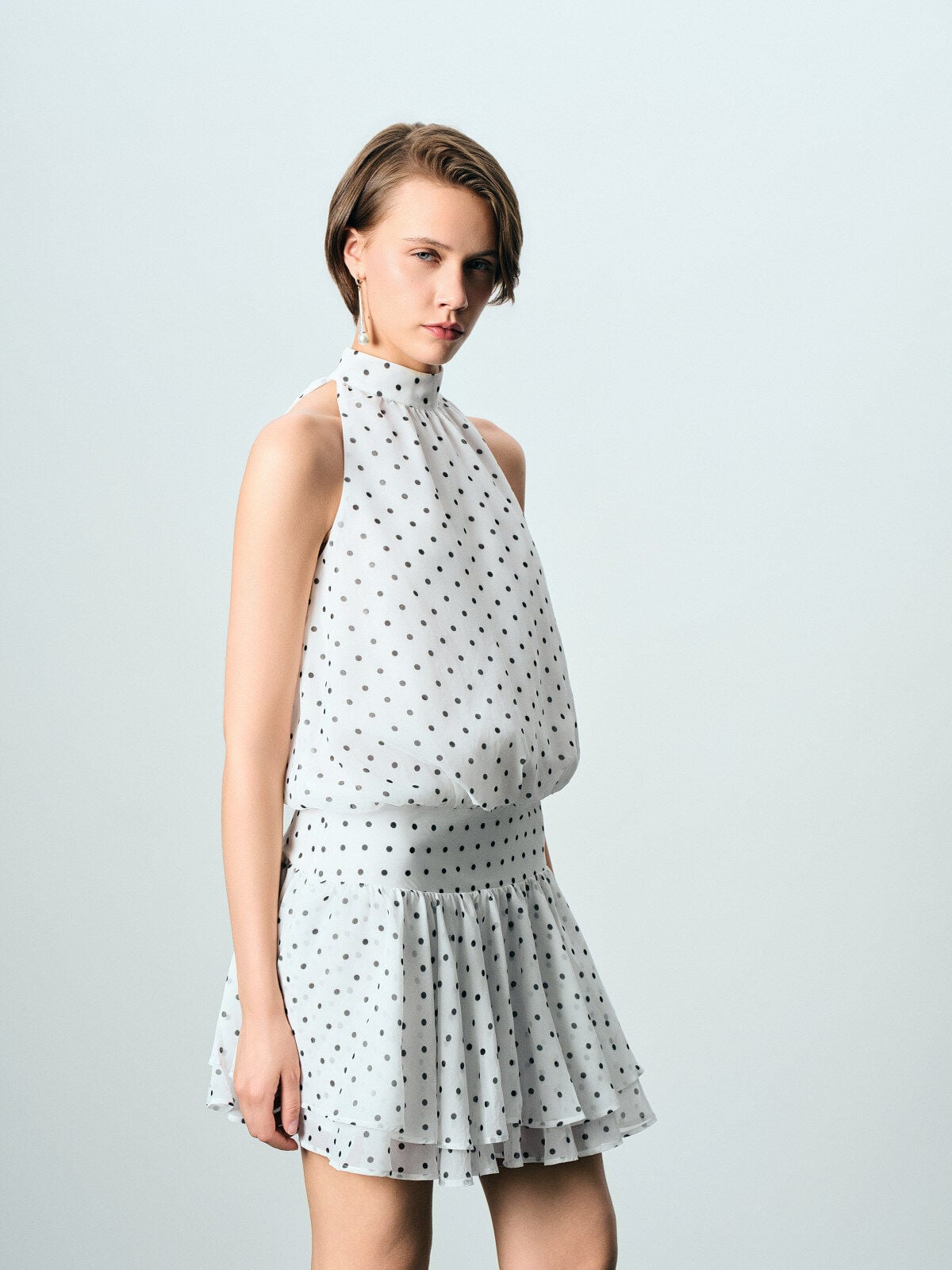 Puantiyeli Halter Yaka Mini Elbise