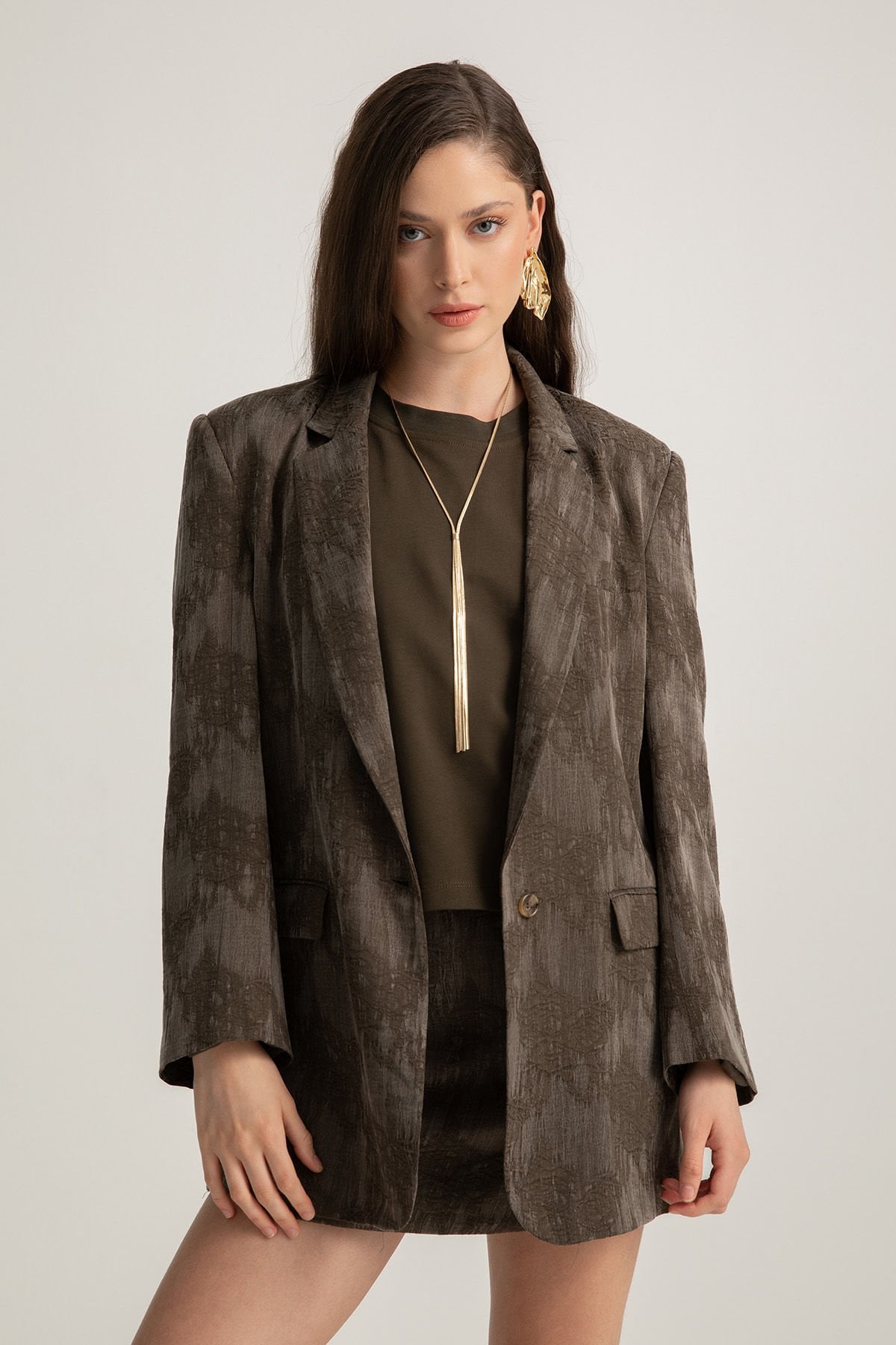 Desenli Tek Düğmeli Blazer Ceket