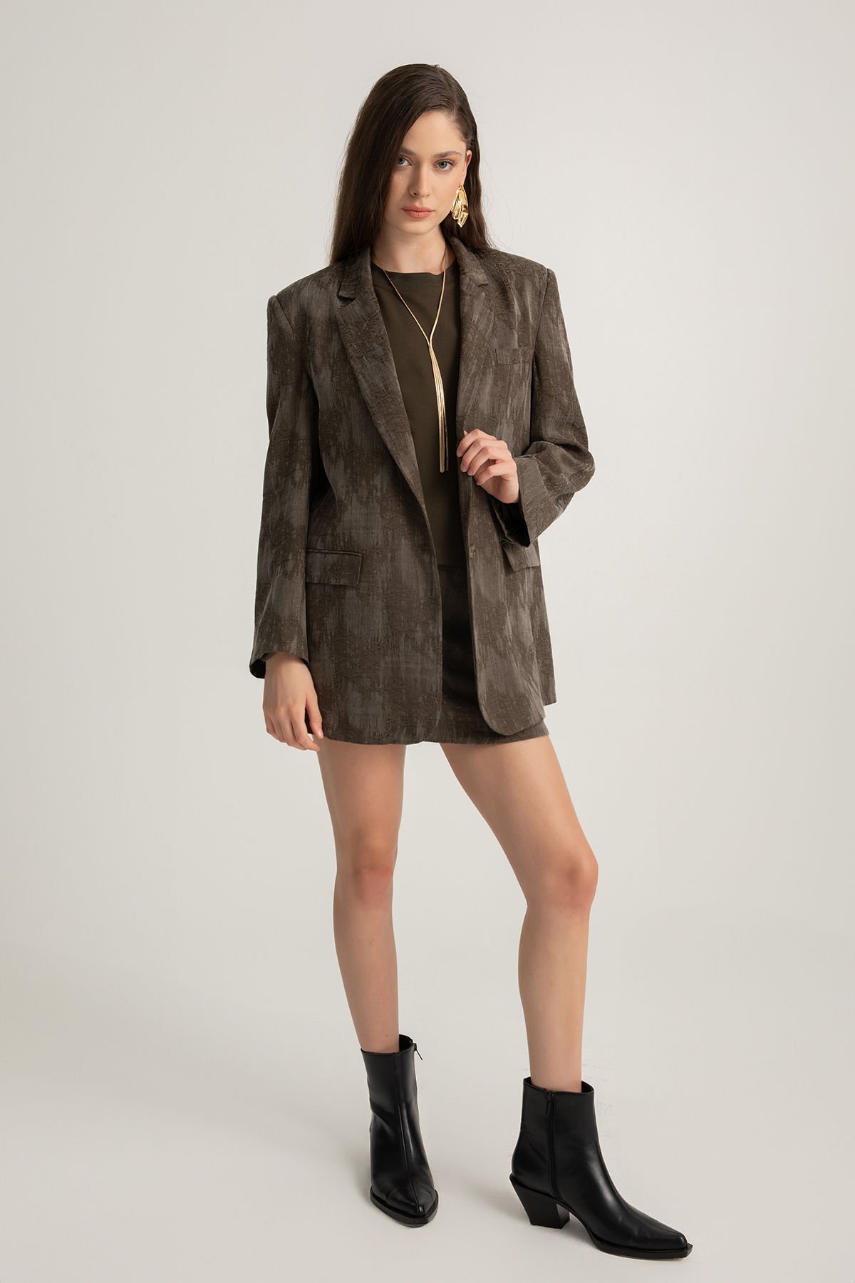 Desenli Tek Düğmeli Blazer Ceket