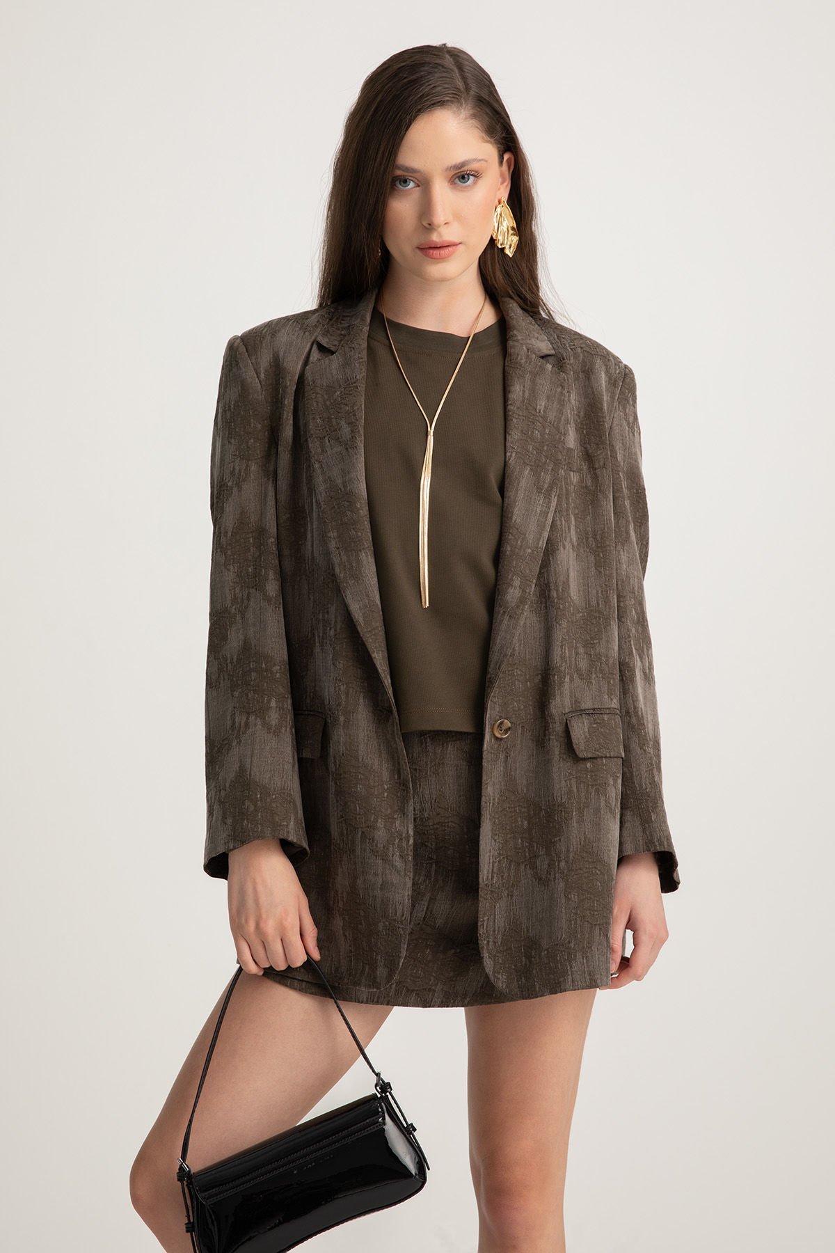 Desenli Tek Düğmeli Blazer Ceket