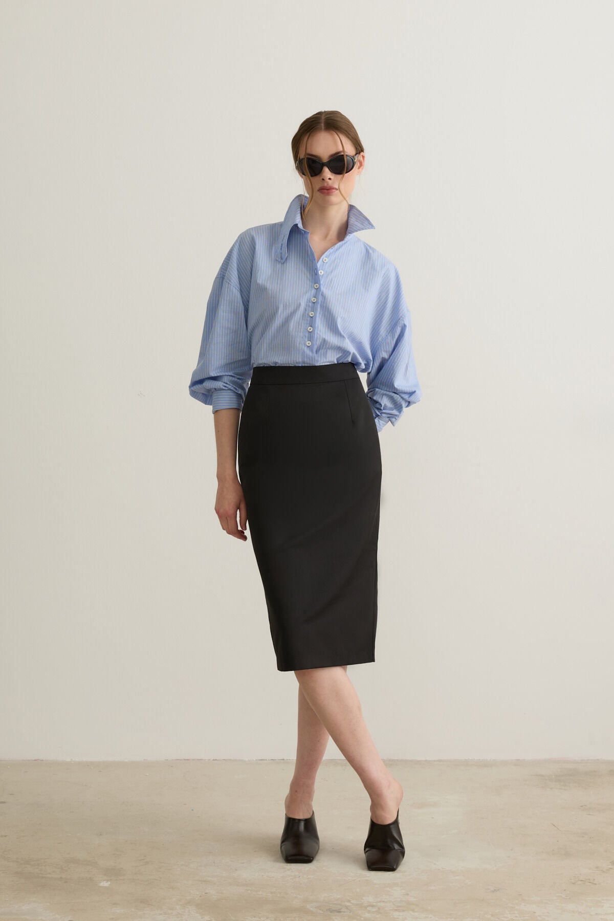 Lucia Peplum Eklenebilir Siyah Kalem Midi Etek