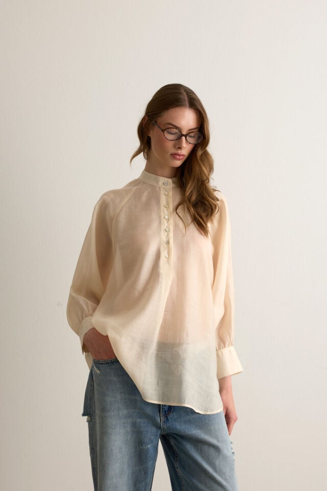 Elena Oversize Düğmeli Transparan Sarı Bluz