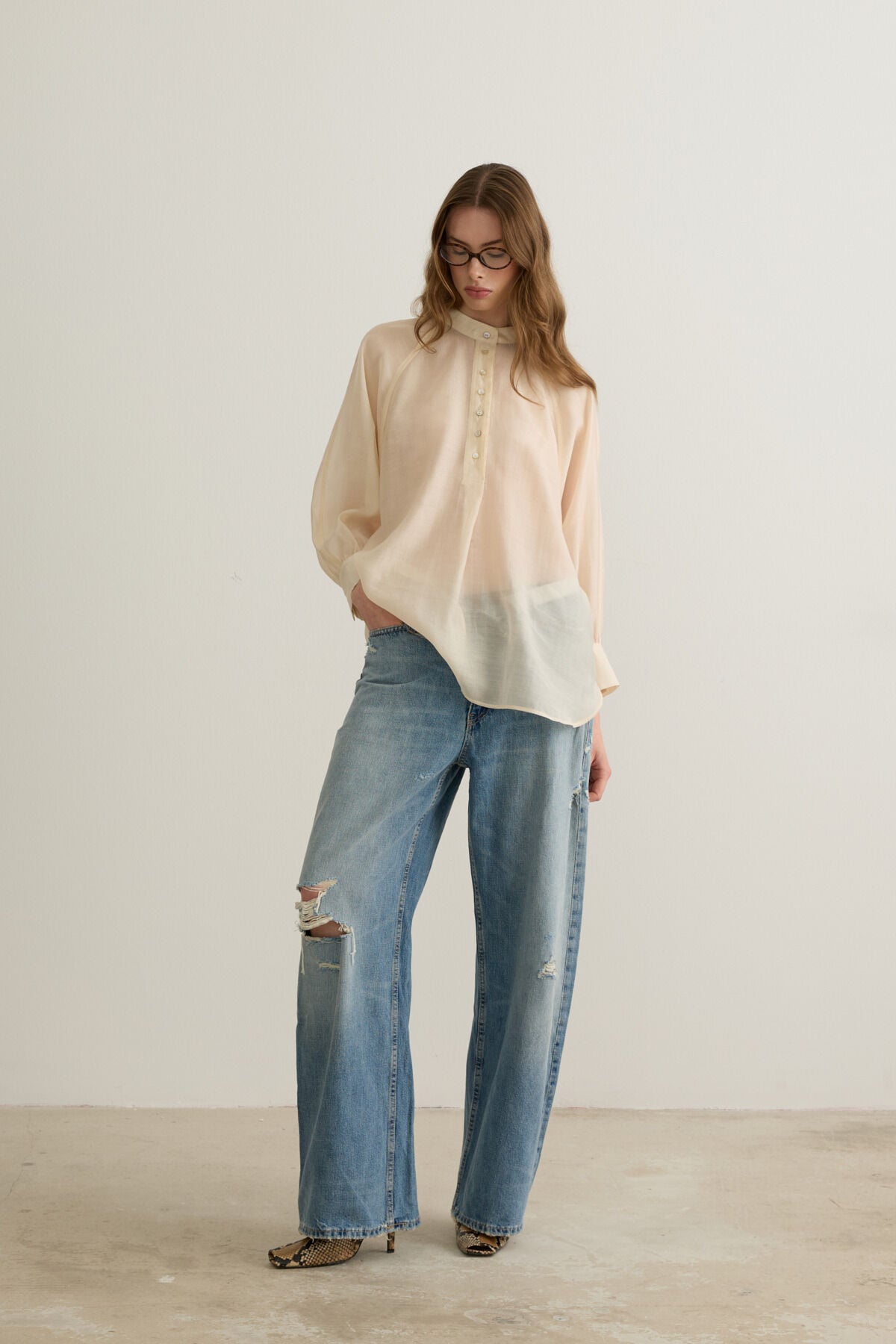Elena Oversize Düğmeli Transparan Sarı Bluz