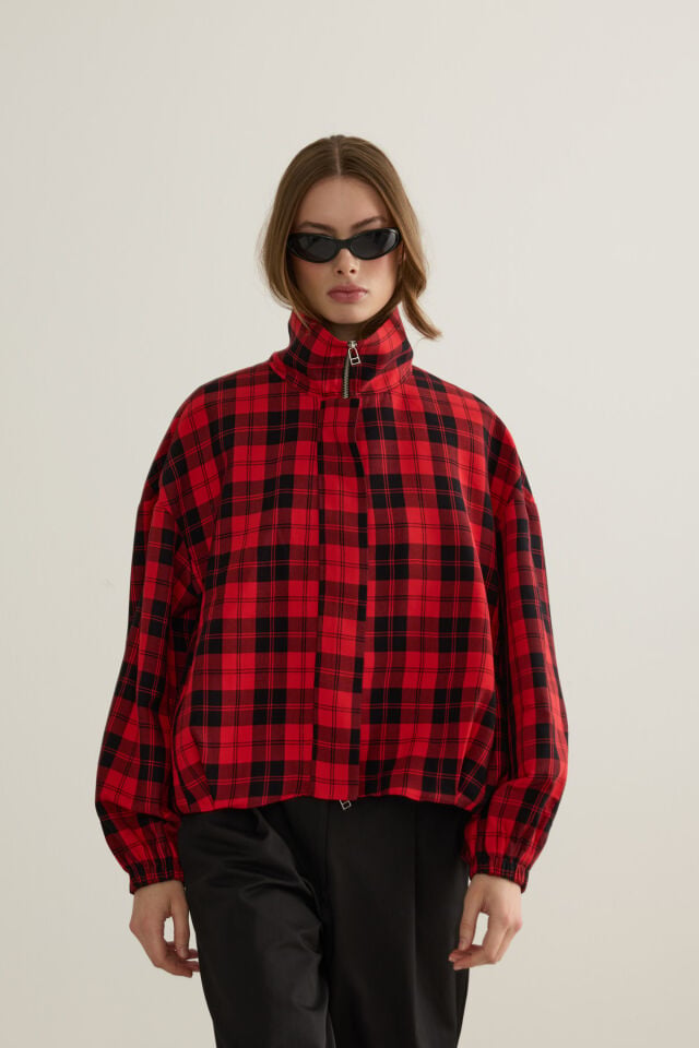 Lucia Dik Yaka Oversize Kırmızı Ekose Bomber Ceket