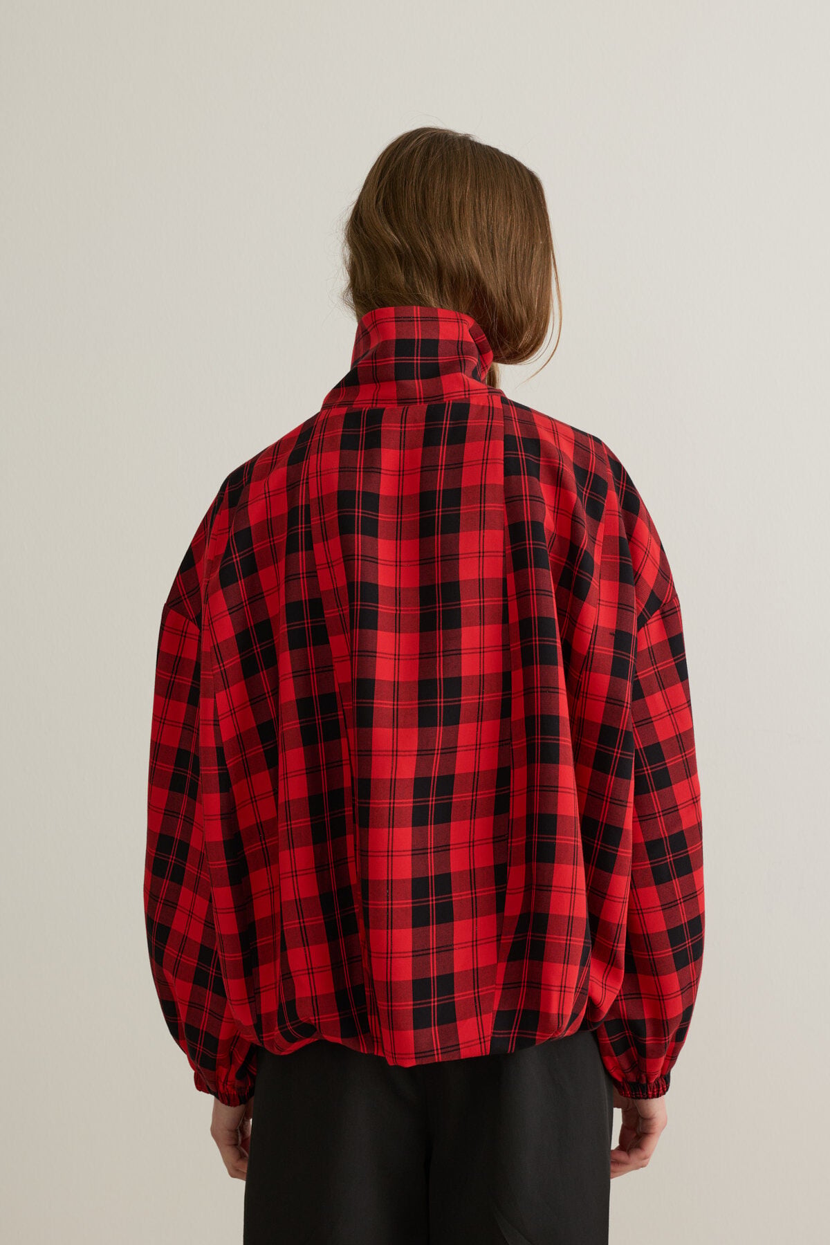 Lucia Dik Yaka Oversize Kırmızı Ekose Bomber Ceket