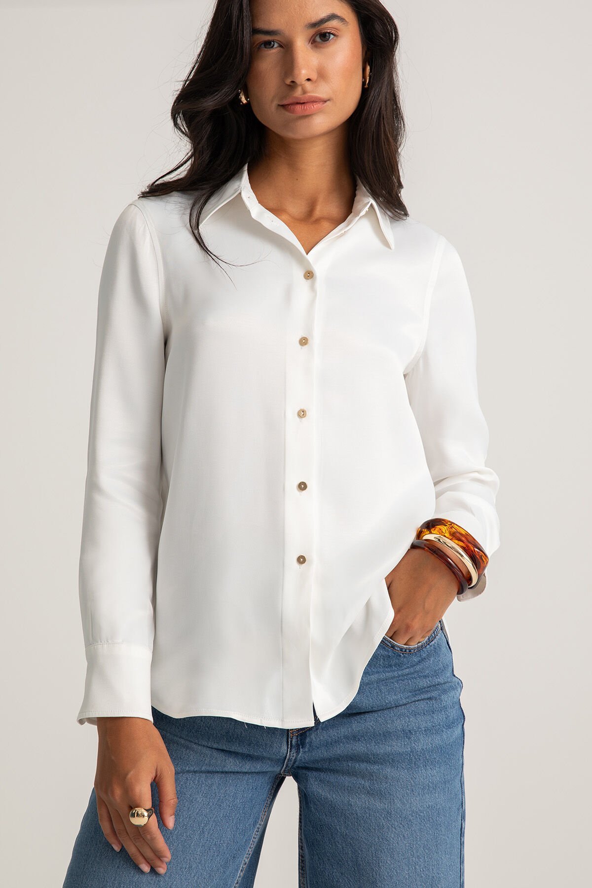 Beyaz Saten Smart Casual Gömlek