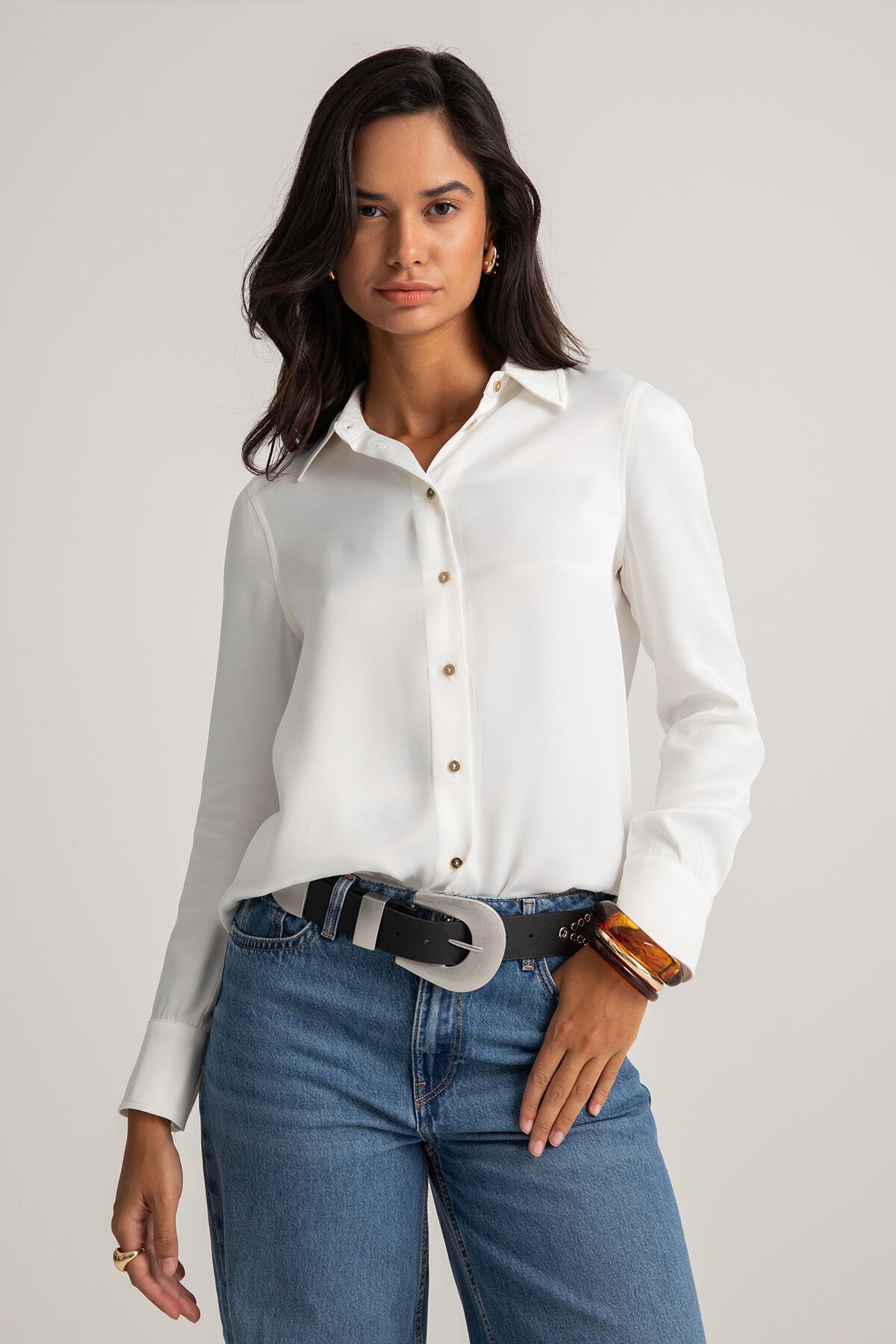 Beyaz Saten Smart Casual Gömlek