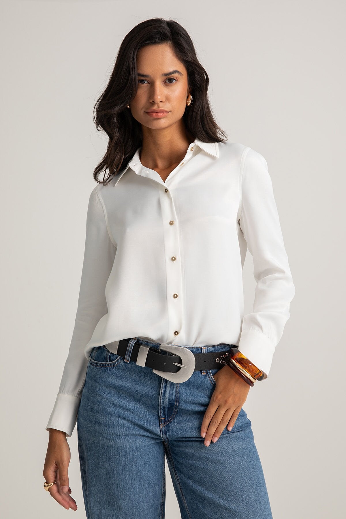 Beyaz Saten Smart Casual Gömlek