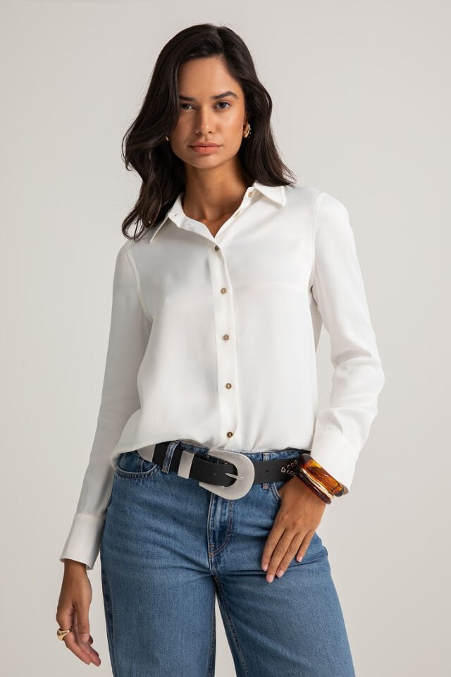 Beyaz Saten Smart Casual Gömlek