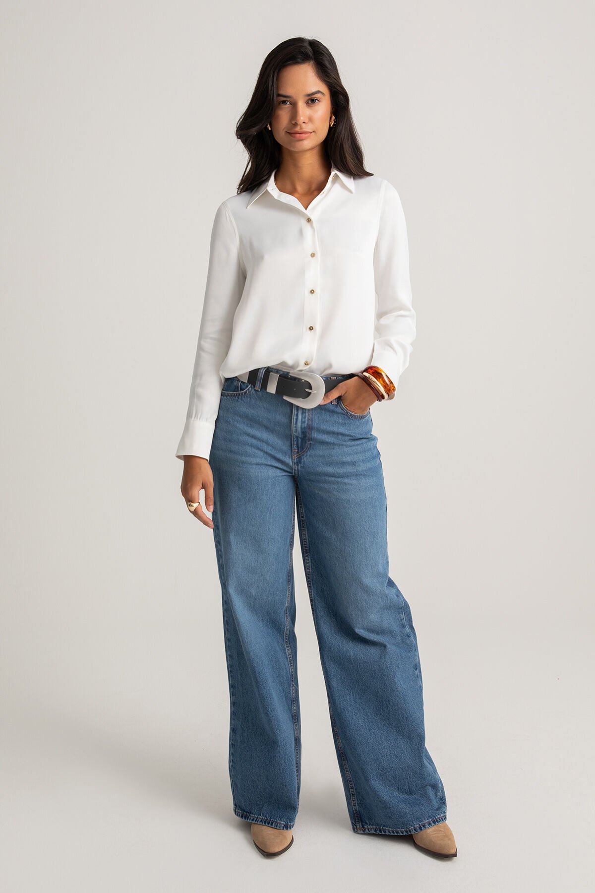 Beyaz Saten Smart Casual Gömlek