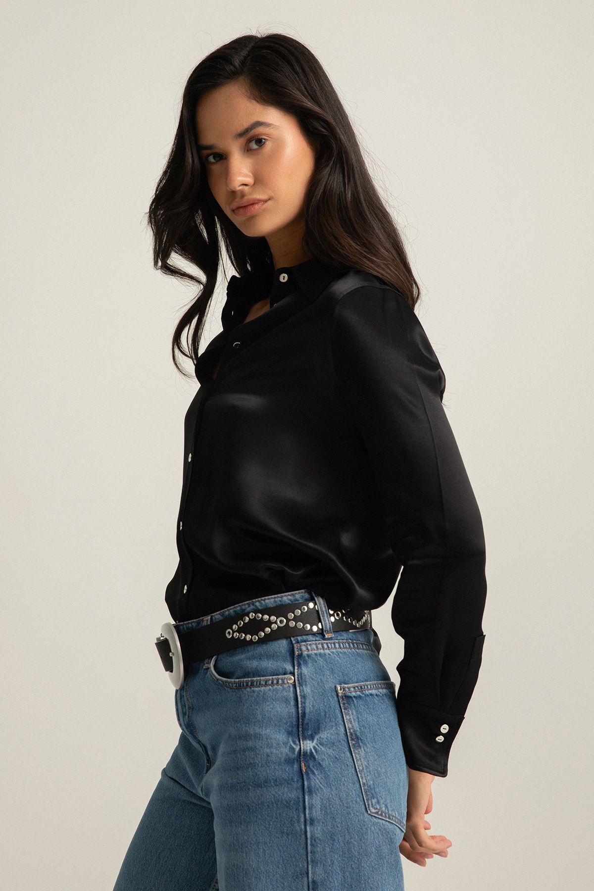 Siyah Saten Smart Casual Gömlek