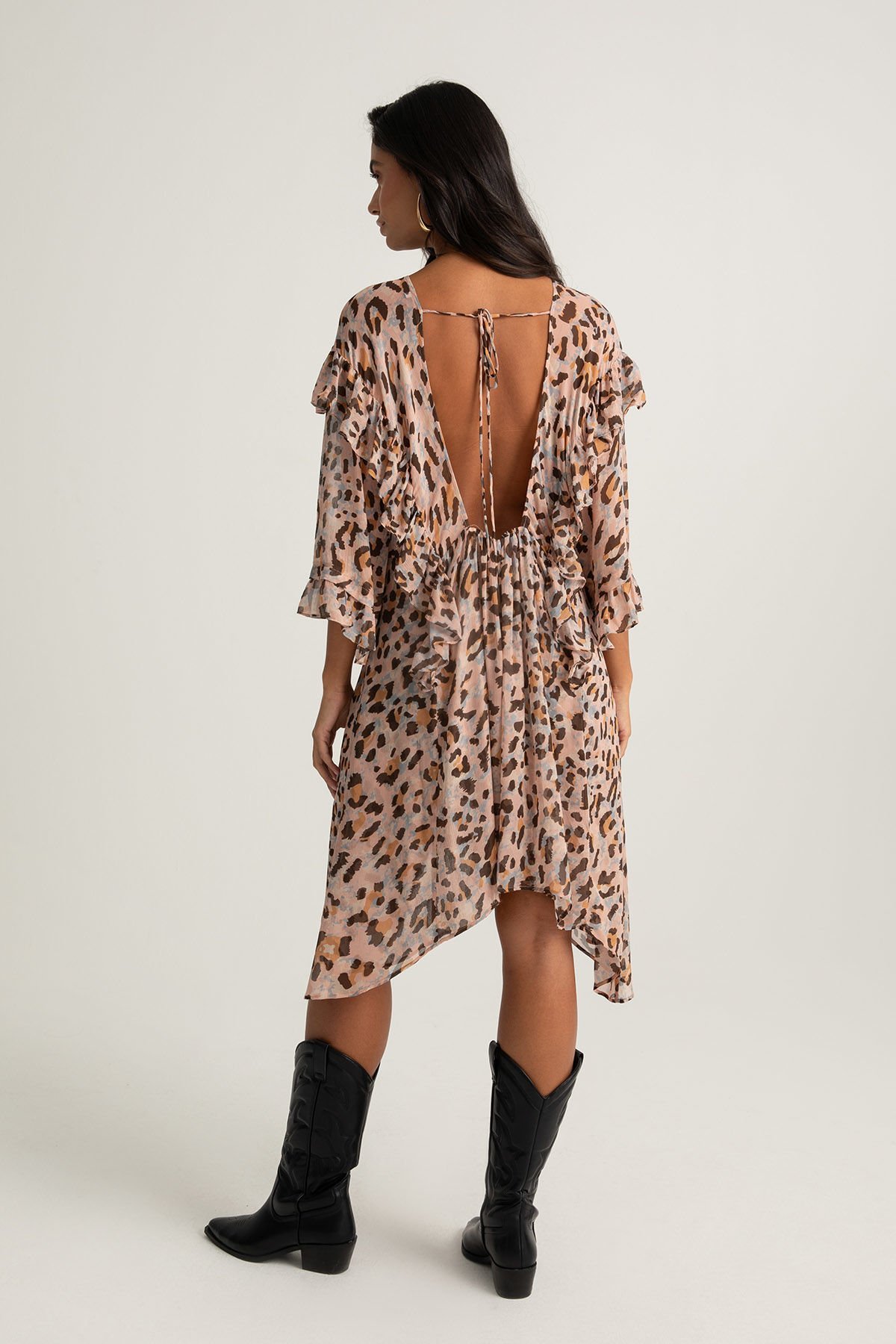 Fırfır Detaylı Leopar Desenli Elbise