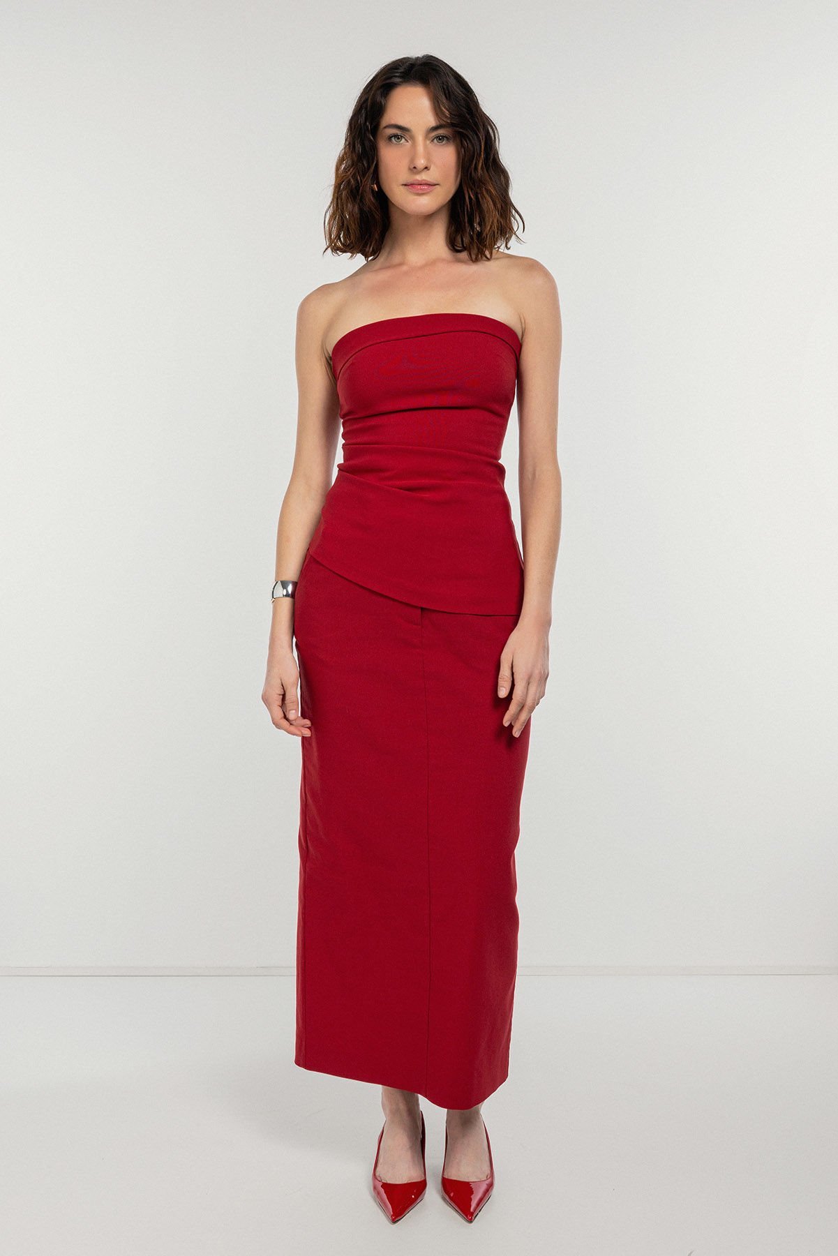 Bordo Fit Kalem Midi Etek