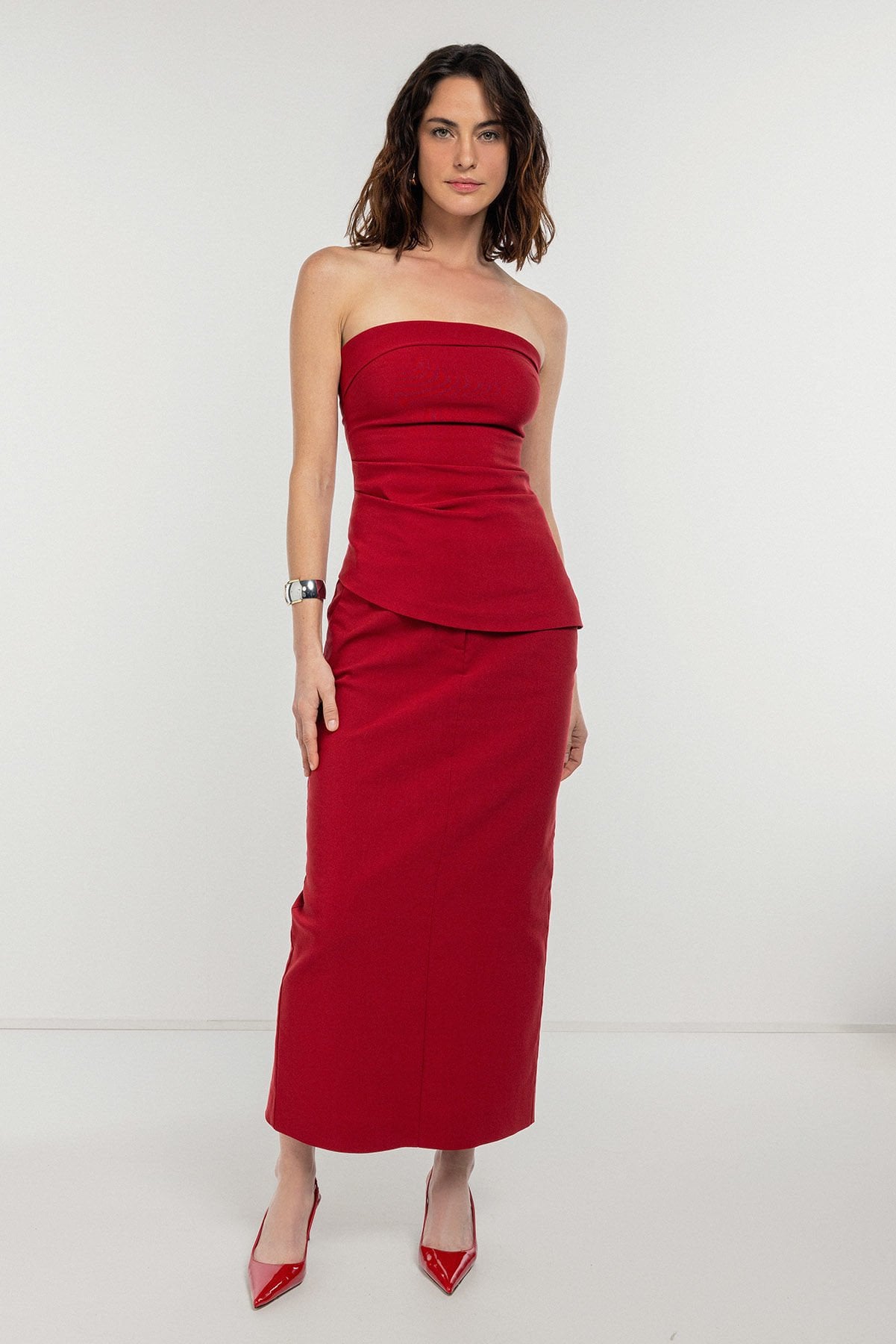 Bordo Fit Kalem Midi Etek