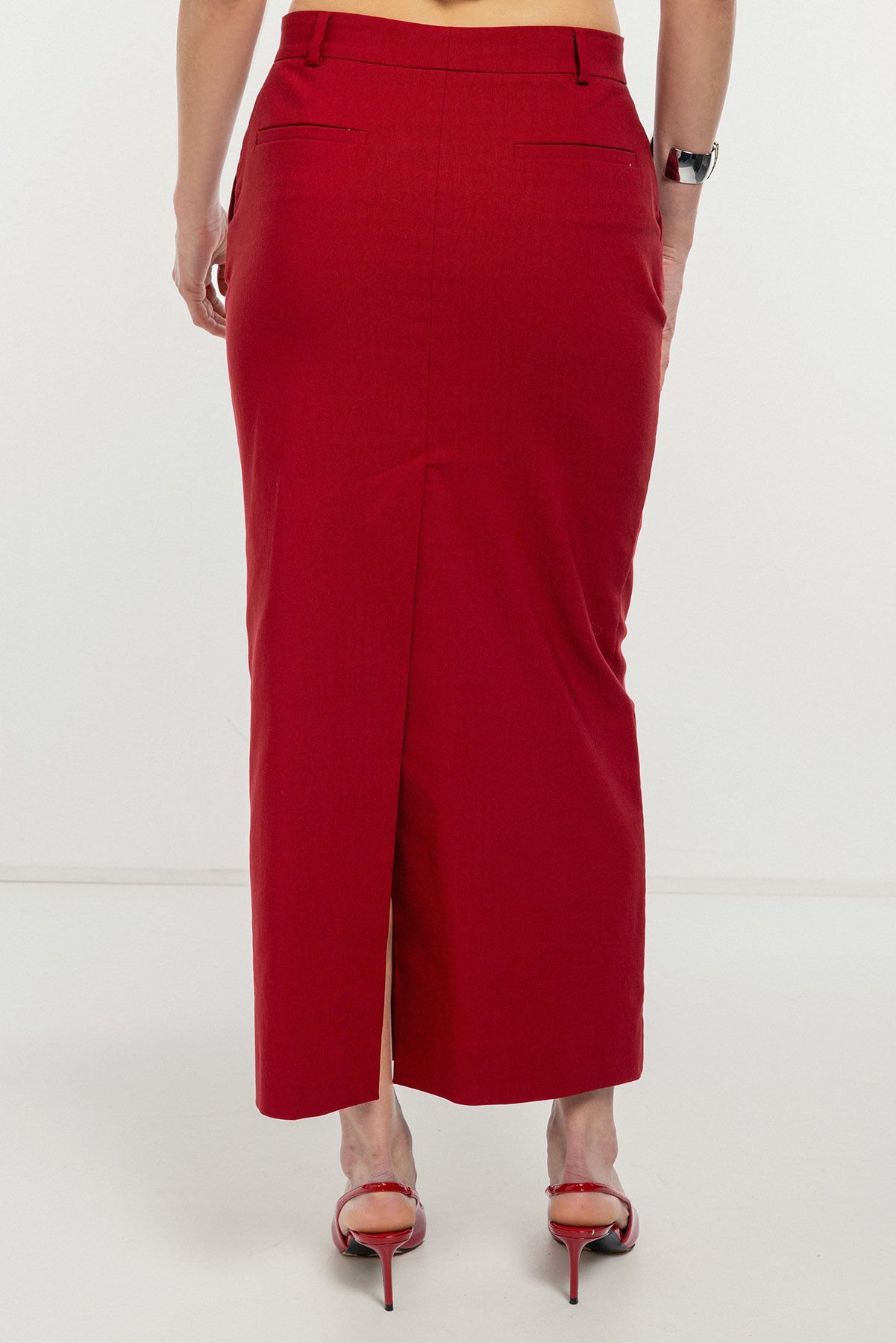 Bordo Fit Kalem Midi Etek