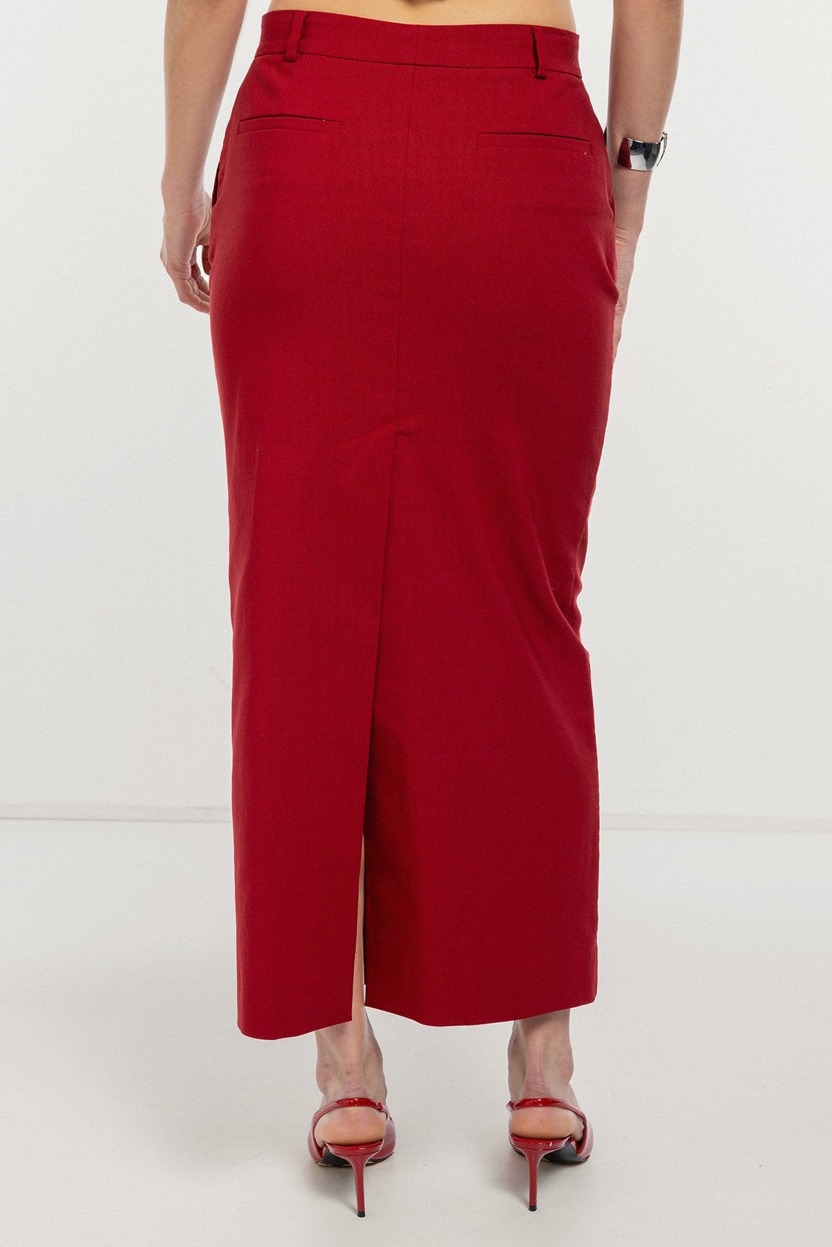 Bordo Fit Kalem Midi Etek