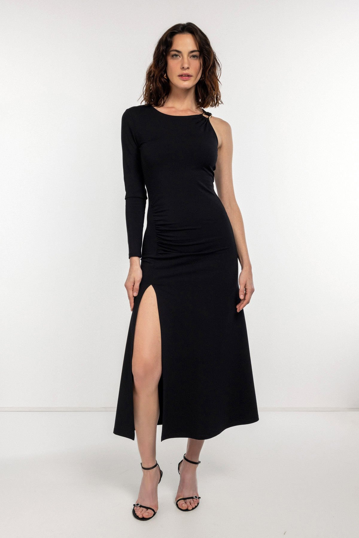 Gold Toka Detaylı Tek Kollu Elbise