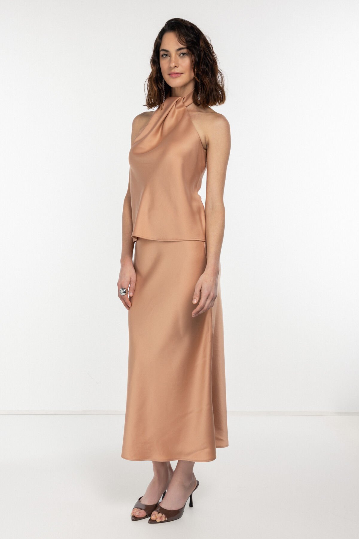 Pileli Halter Yaka Moka Bluz