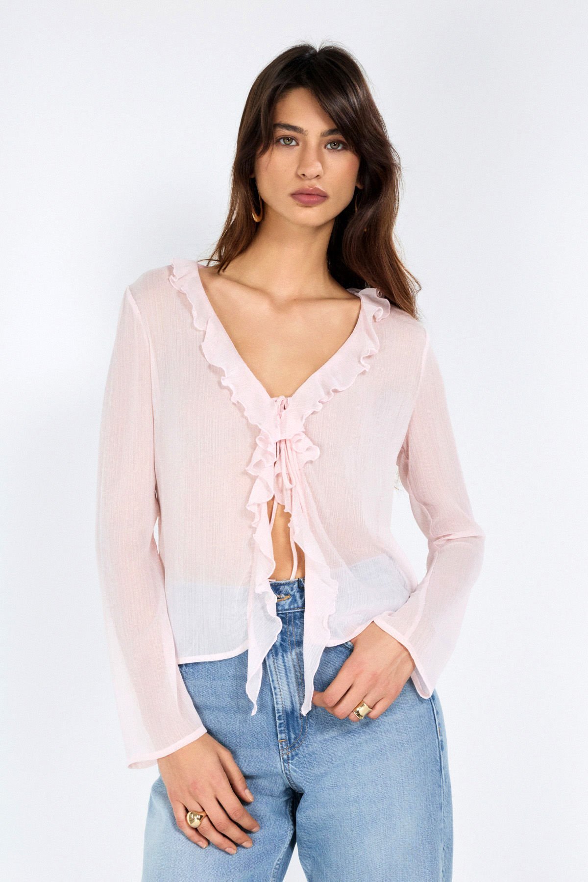 Fırfır Detaylı Pembe Şifon Bluz