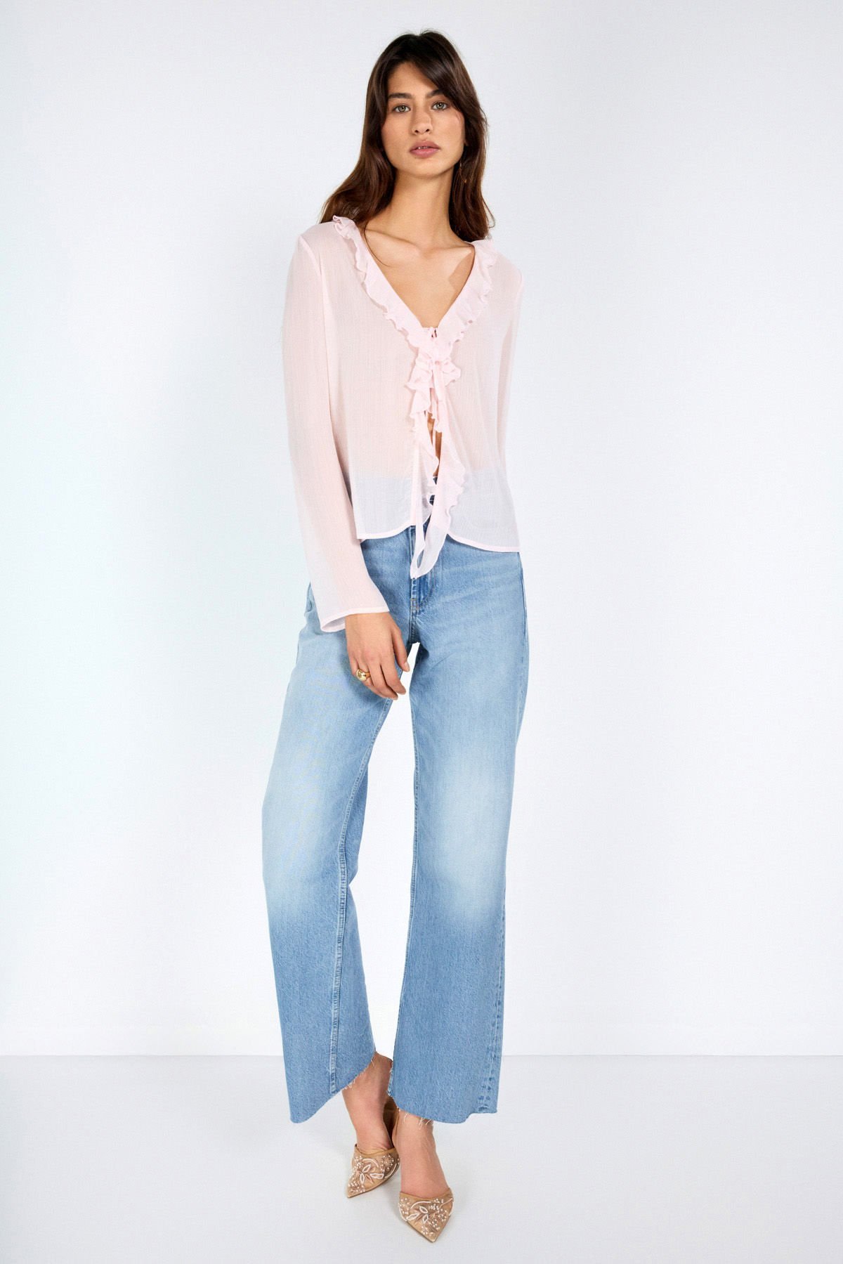 Fırfır Detaylı Pembe Şifon Bluz