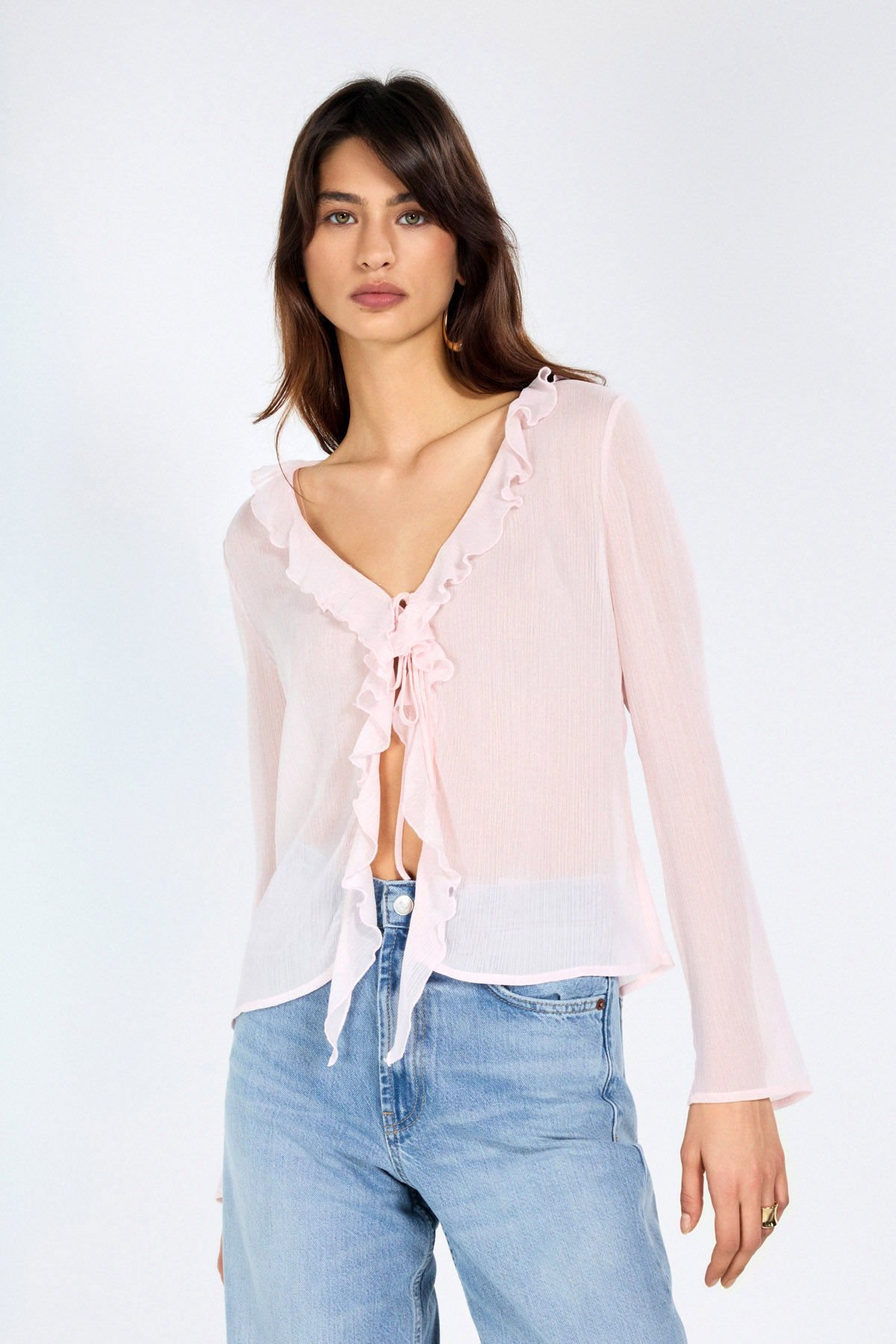 Fırfır Detaylı Pembe Şifon Bluz