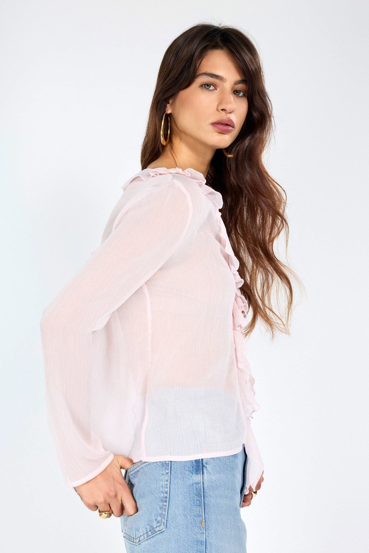 Fırfır Detaylı Pembe Şifon Bluz