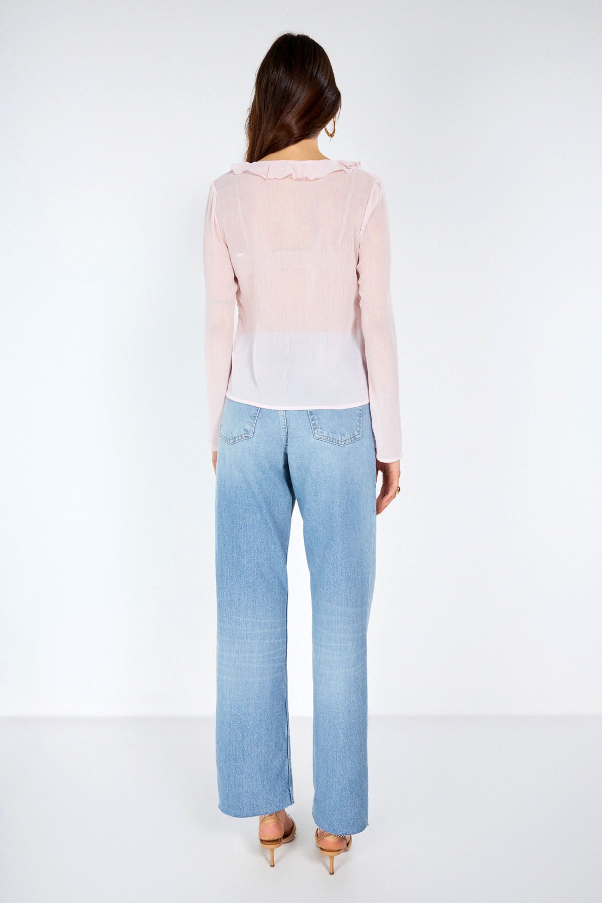 Fırfır Detaylı Pembe Şifon Bluz