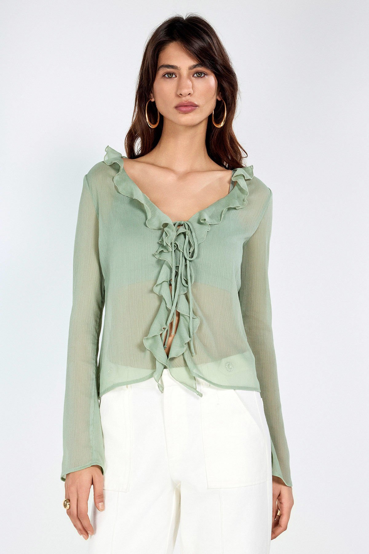 Fırfır Detaylı Yeşil Şifon Bluz